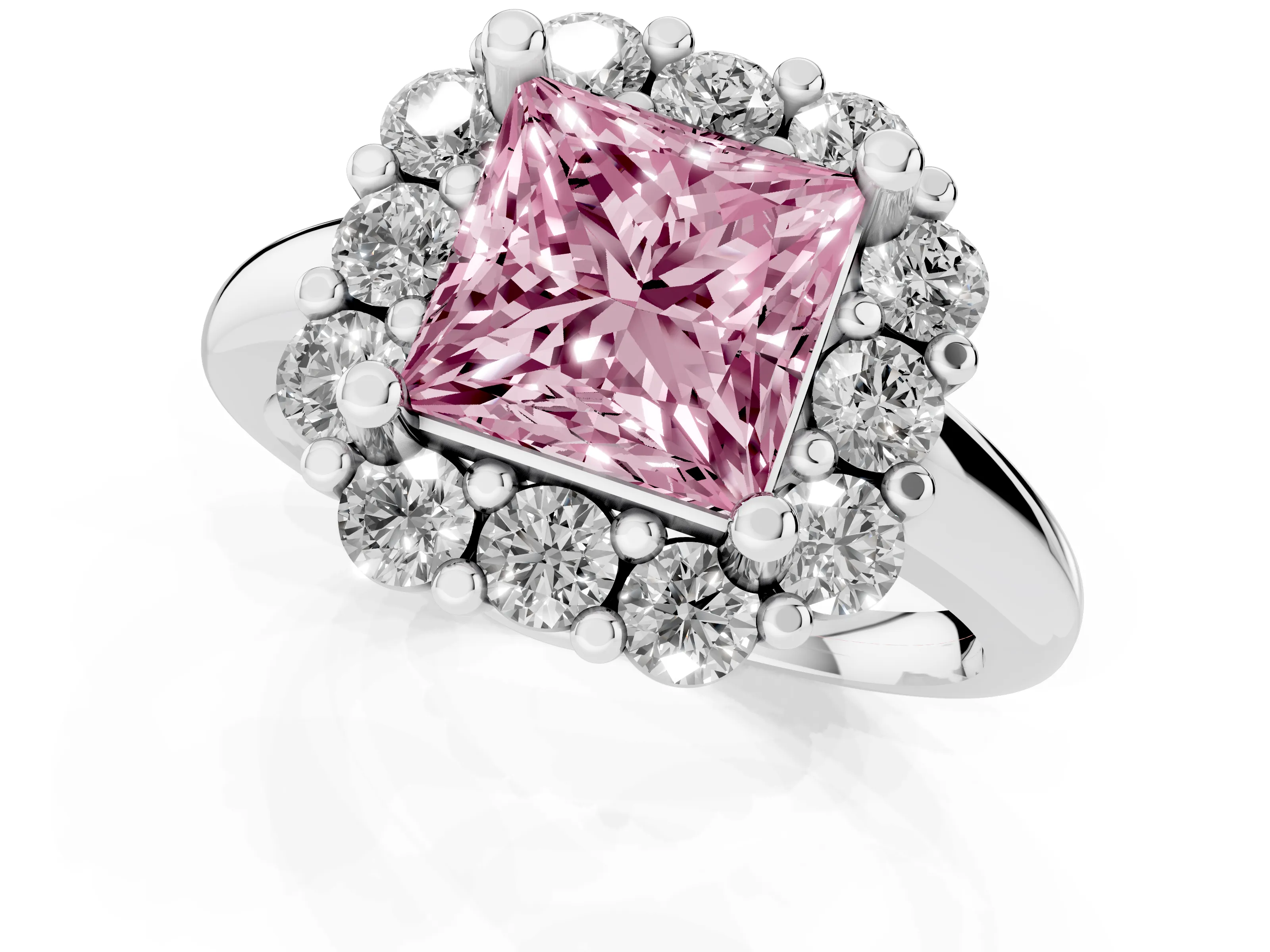 Fancy Pink Princess Cut Diamond Halo Cluster Engagement Ring Set in White gold with Polished Band and Prong Setting