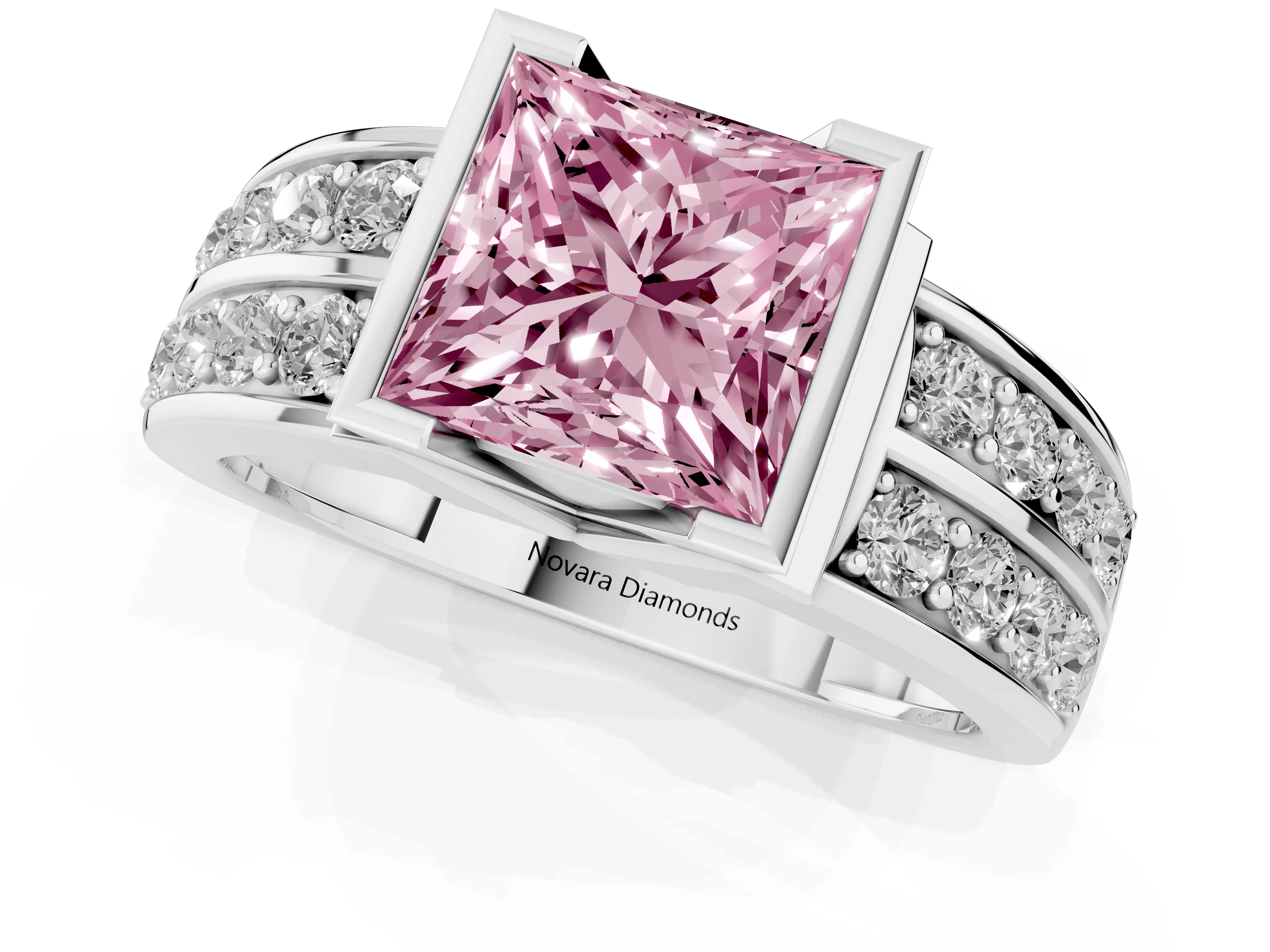Fancy Pink Princess Cut Diamond Wide Channel Set Band Ring Set in Platinum with Bezel Setting