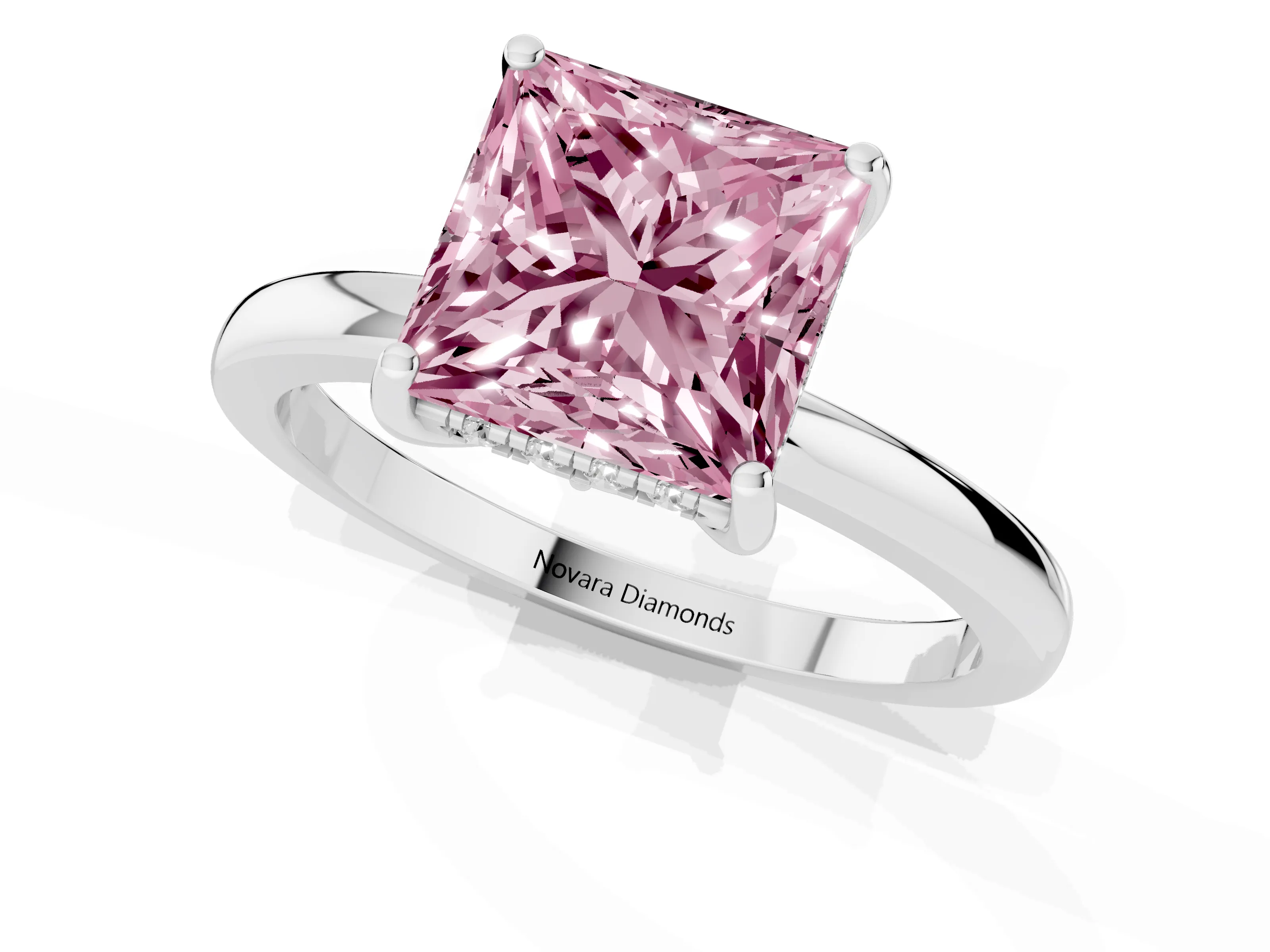 Fancy Pink Princess Cut Diamond Solitaire Ring Set in Silver with Plain Band and Prong Setting