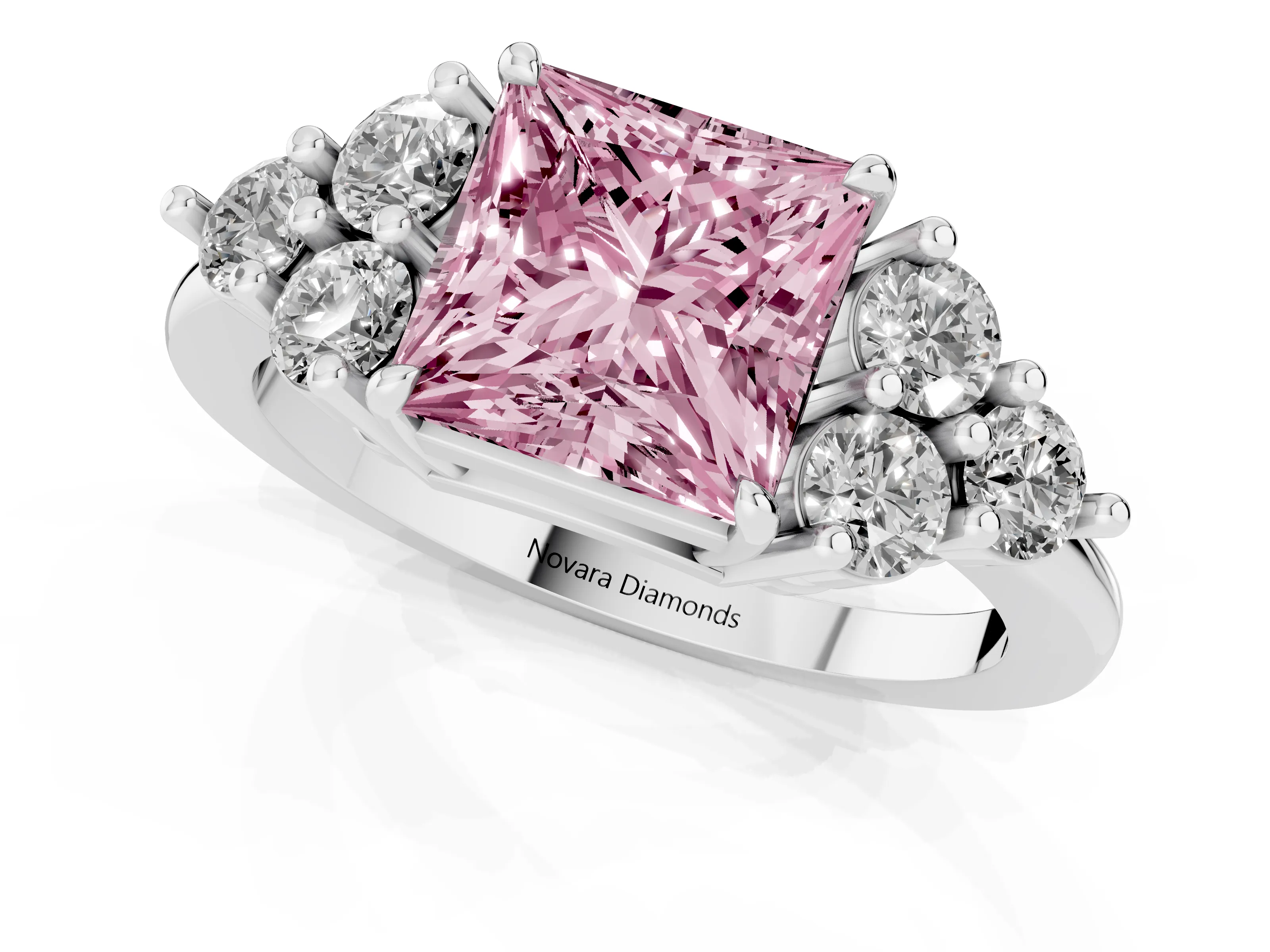 Fancy Pink Princess Cut Diamond Solitaire Ring Set in Platinum with Cluster Accents on Each Side