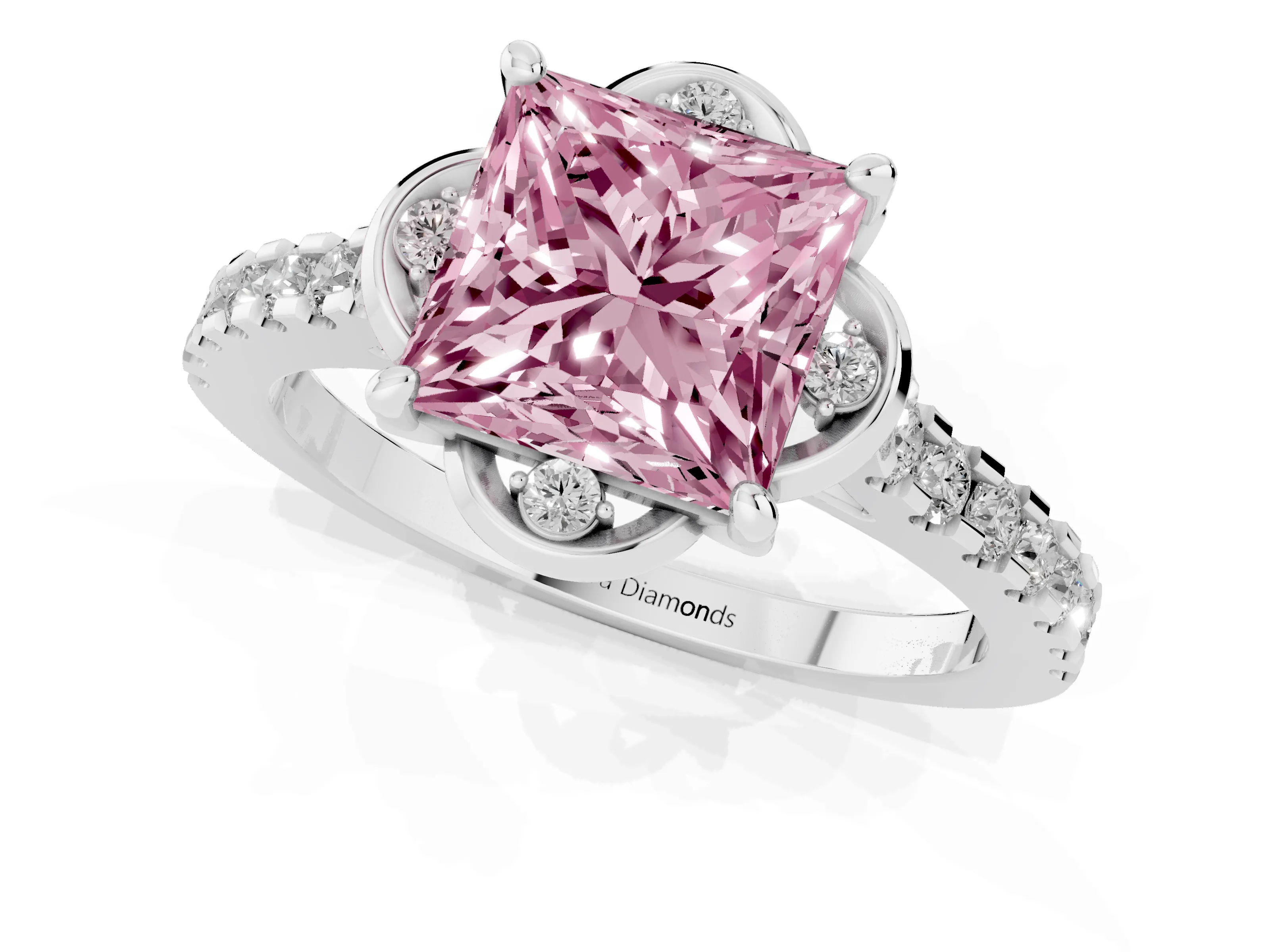 Fancy Pink Princess Cut Diamond Solitaire Ring Set in Silver with Pavé Band and Floral Prong Setting