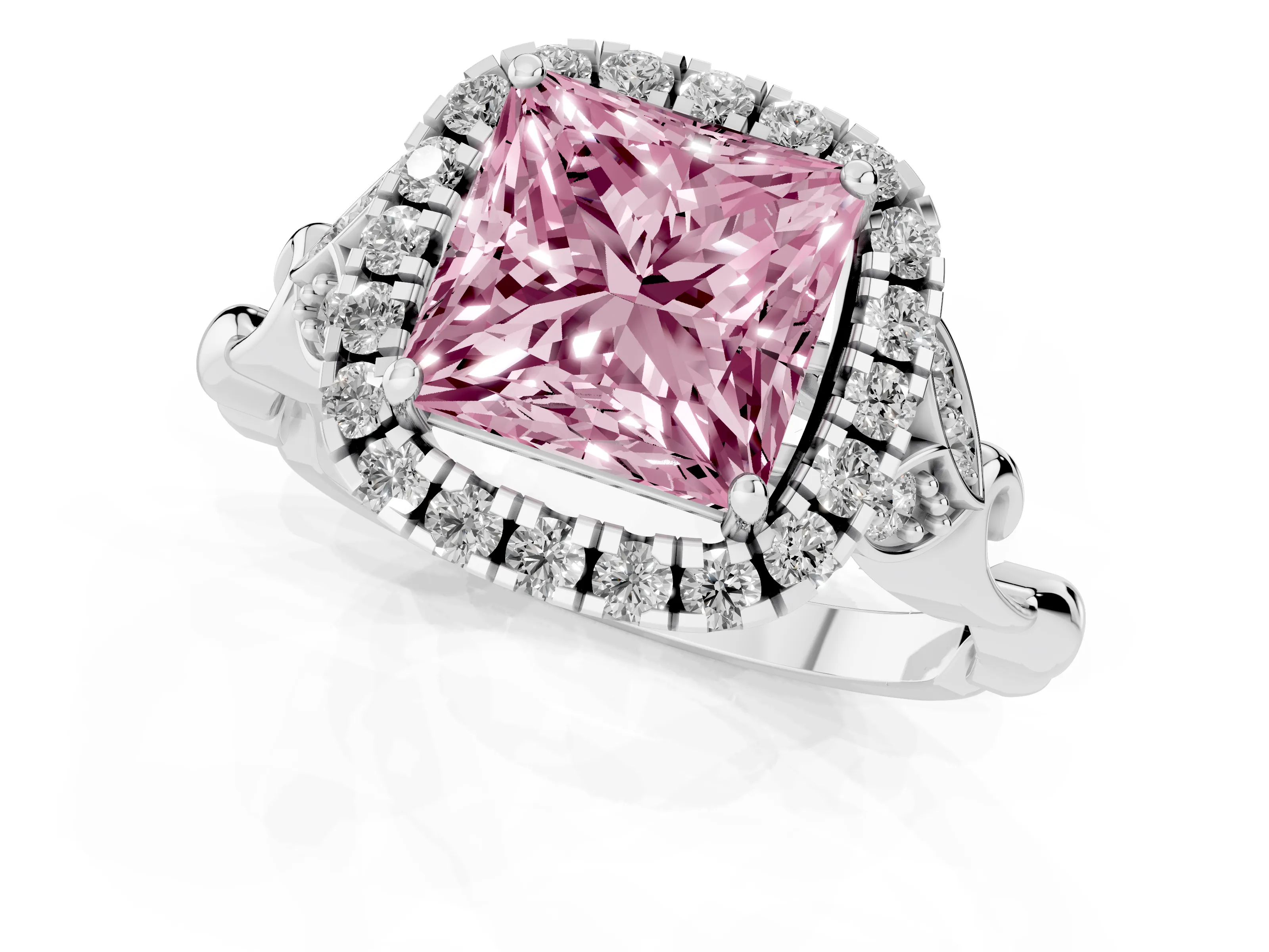 Fancy Pink Princess Cut Diamond Halo Engagement Ring Set in Platinum with Vintage-Inspired Band and Prong Setting