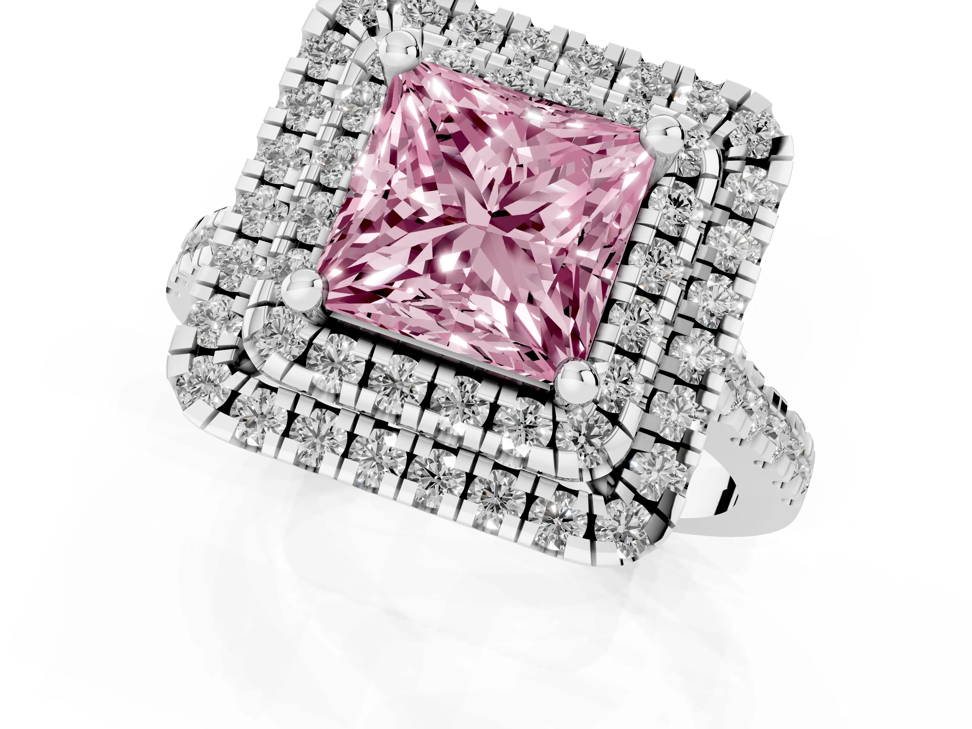 Fancy Pink Princess Cut Diamond Double Halo Statement Ring Set in White gold with Pavé Band