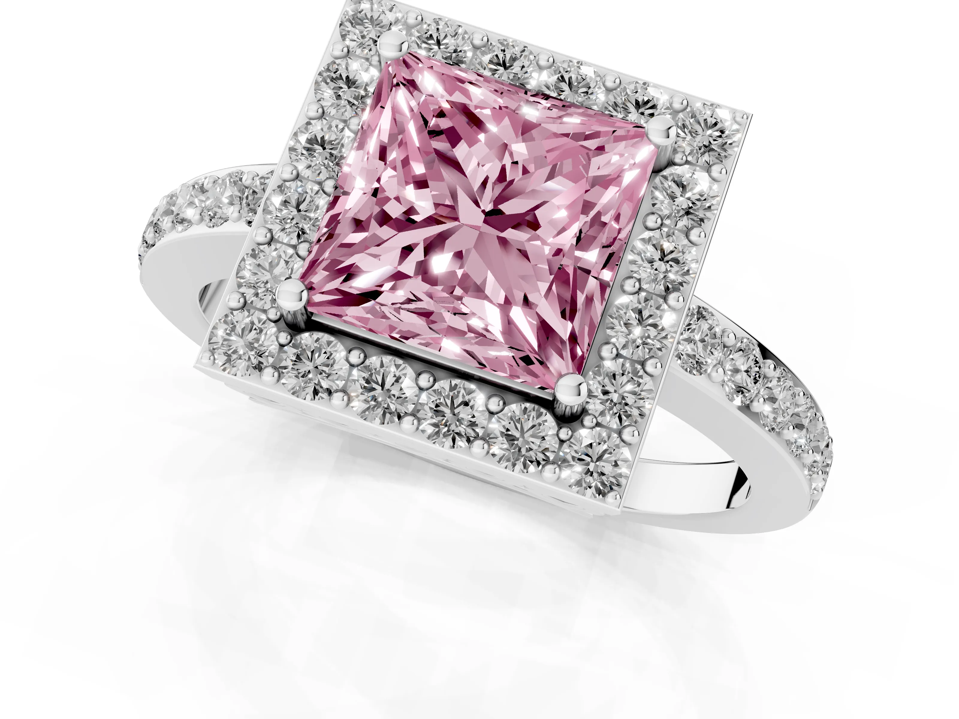 Fancy Pink Princess Cut Diamond Halo Ring Set in White gold with Pavé-Setting Band and Open Prong Center