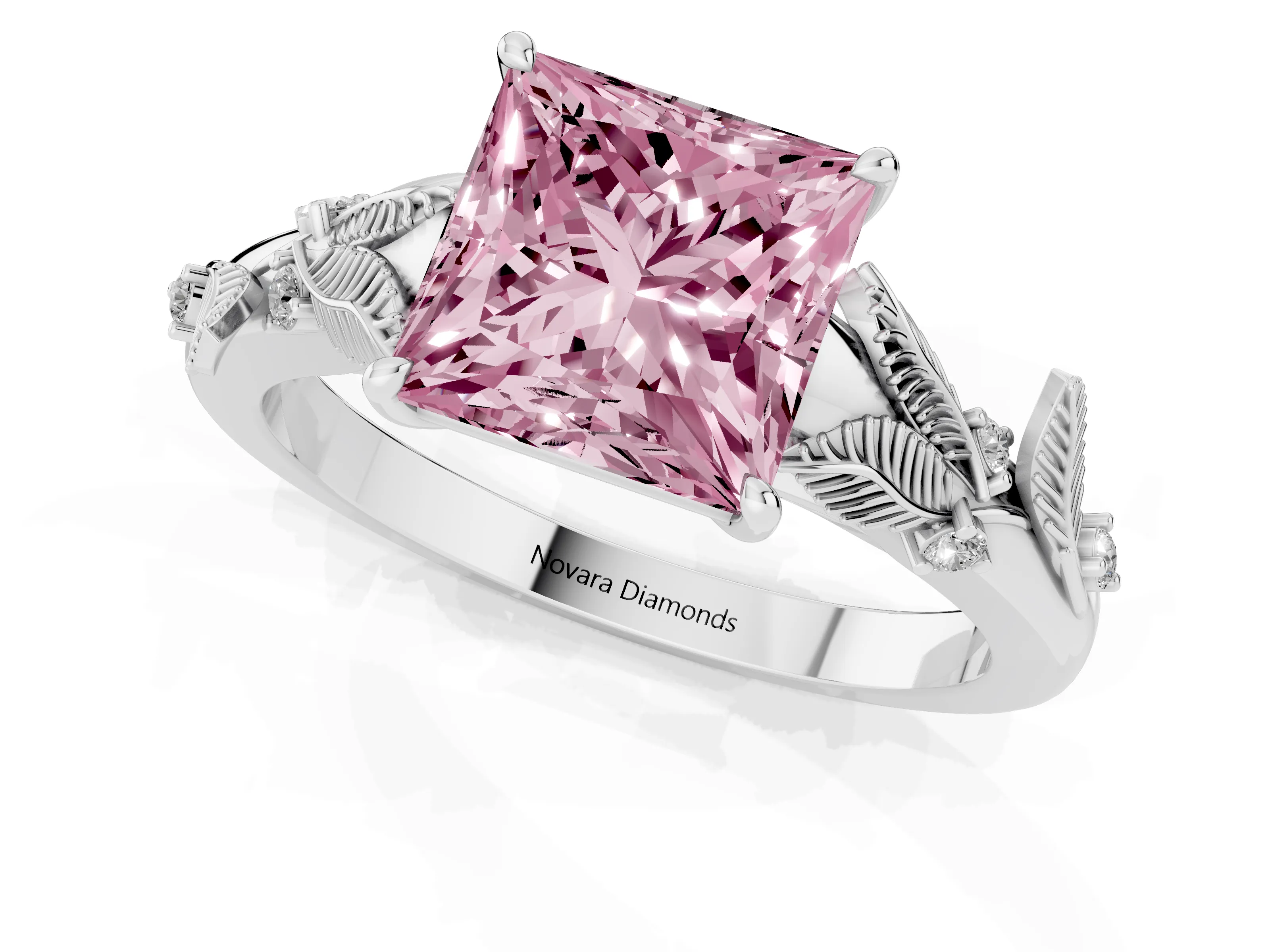 Fancy Pink Princess Cut Diamond Solitaire Ring Set in Silver with Leaf Motif Band – second view