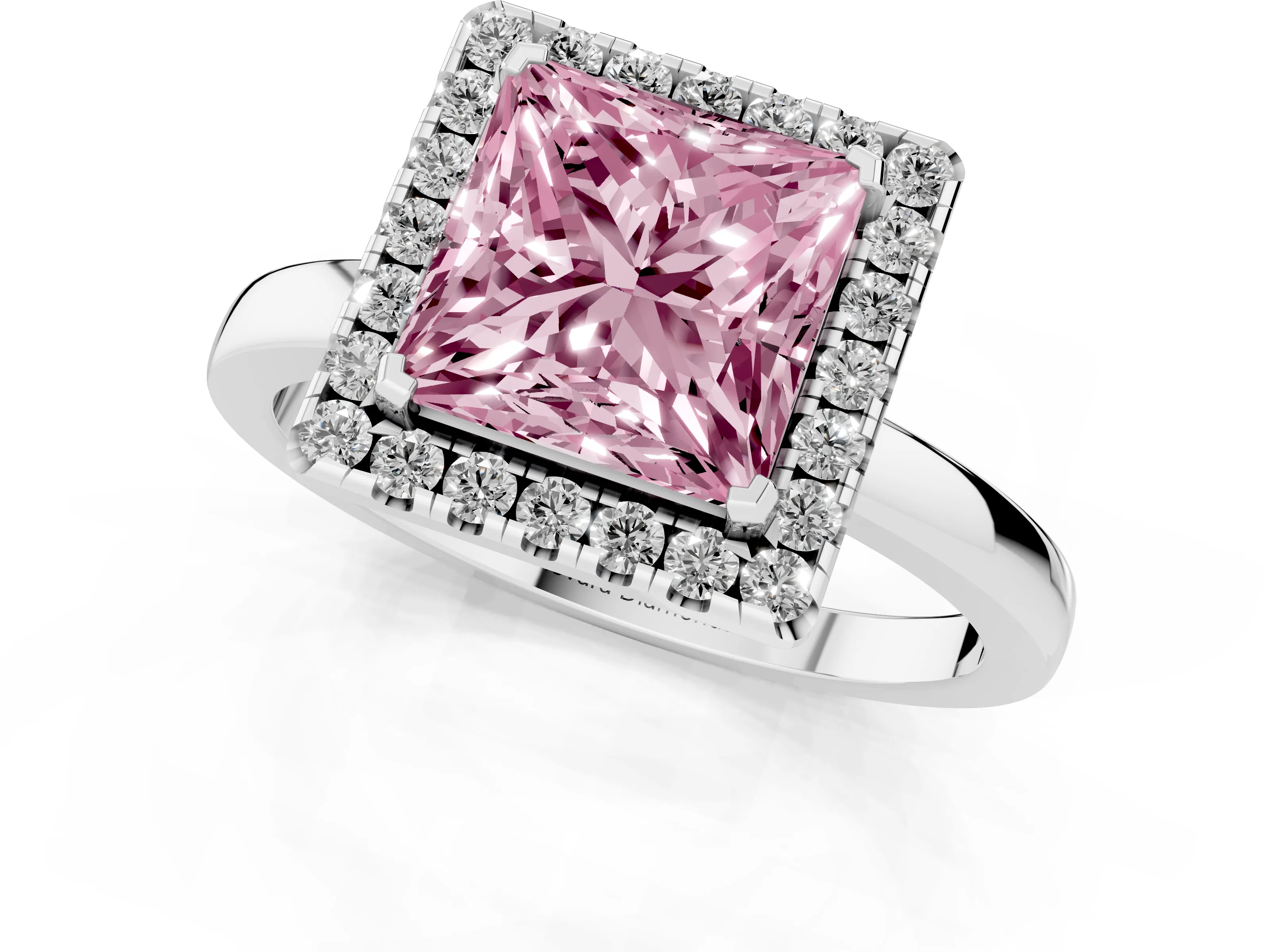 Fancy Pink Princess Cut Diamond Halo Solitaire Ring Set in Silver with Pavé Band and Prong Setting