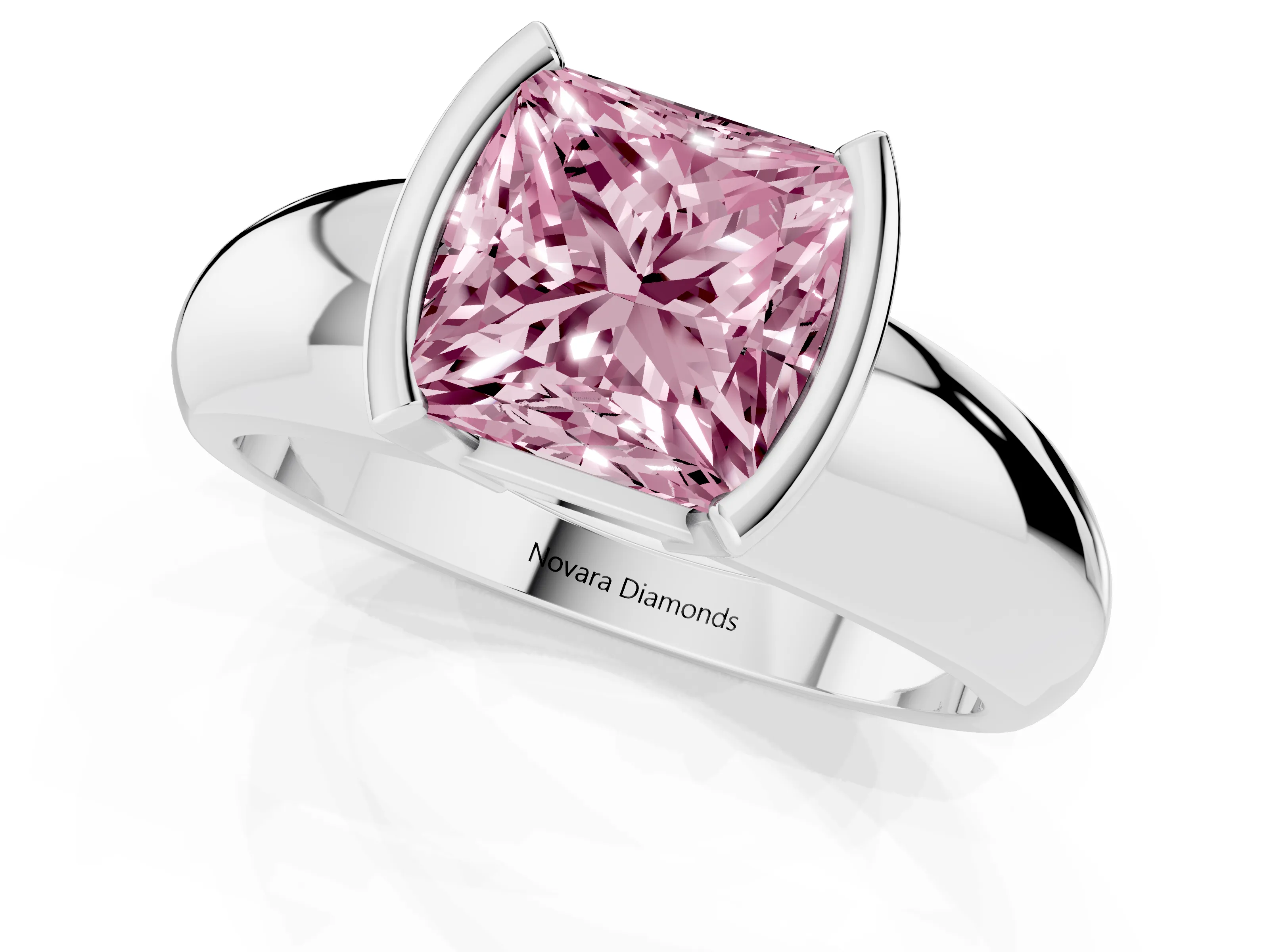 Fancy Pink Princess Cut Diamond Solitaire Tension Set Ring Set in White gold with Wide Band