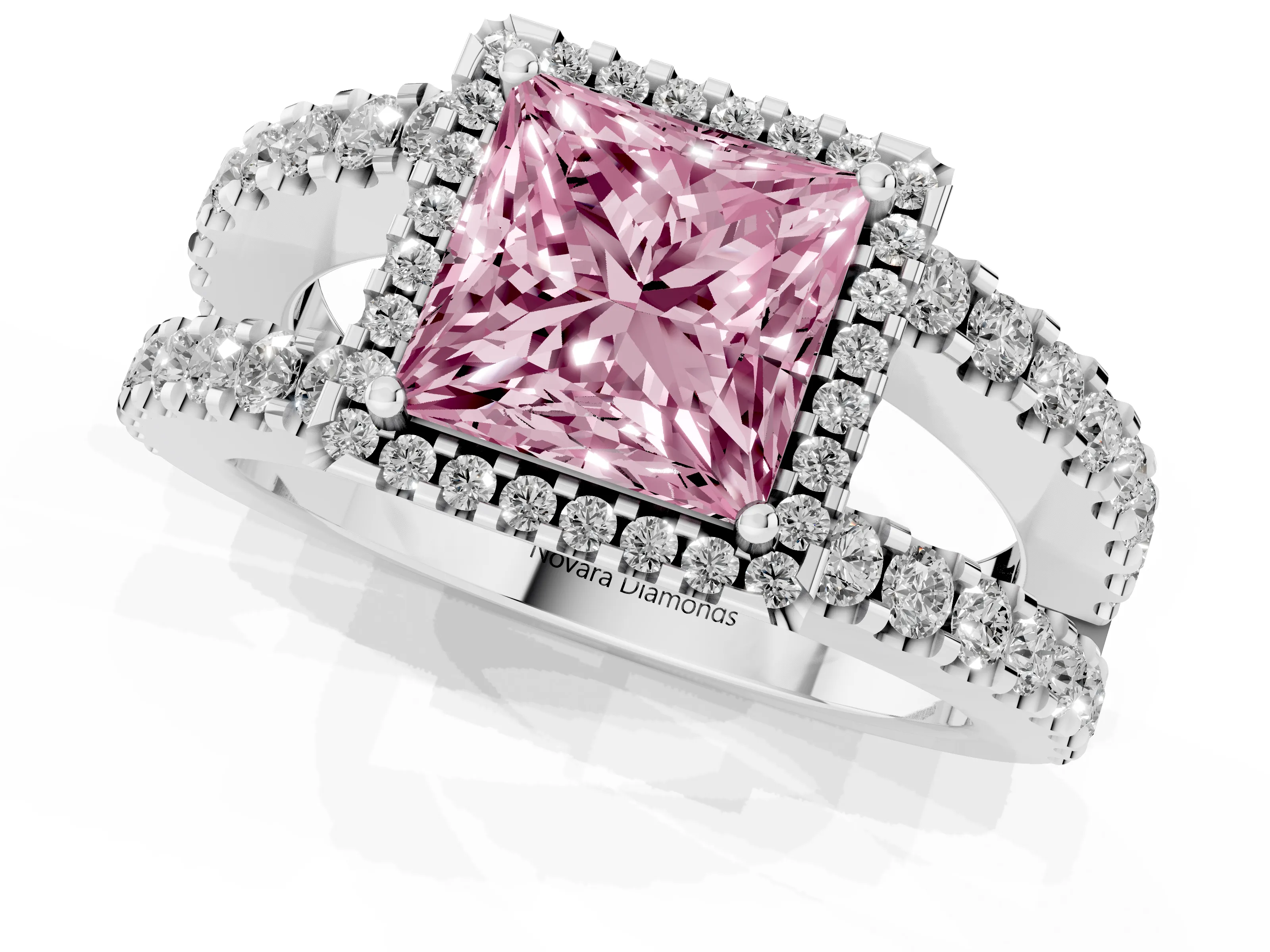 Fancy Pink Princess Cut Diamond Halo Ring Set in Silver with Pavé Split Shank and Prong Setting