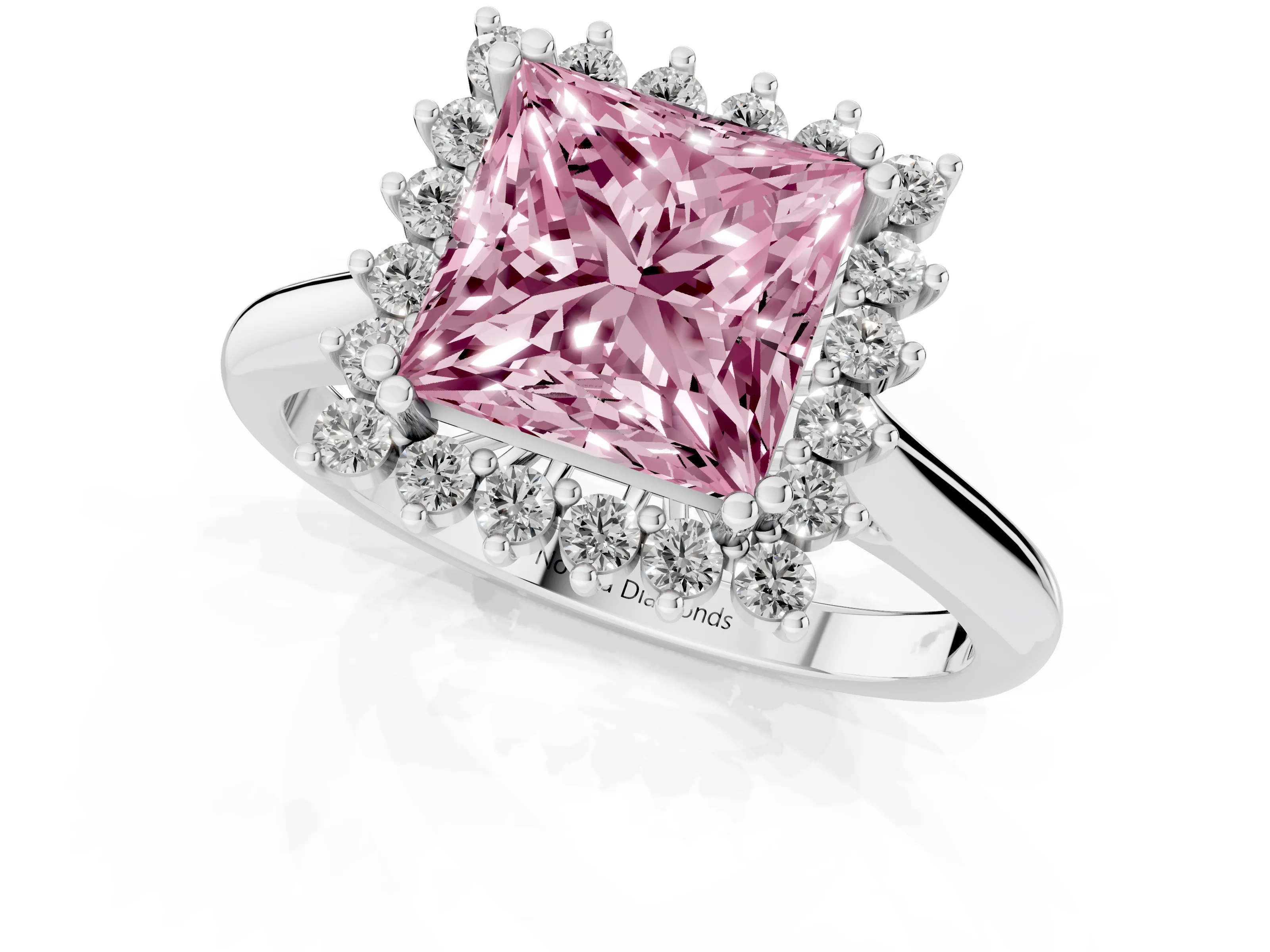 Fancy Pink Princess Cut Diamond Halo Ring Set in Platinum with Plain Solitaire Band and Prong Setting