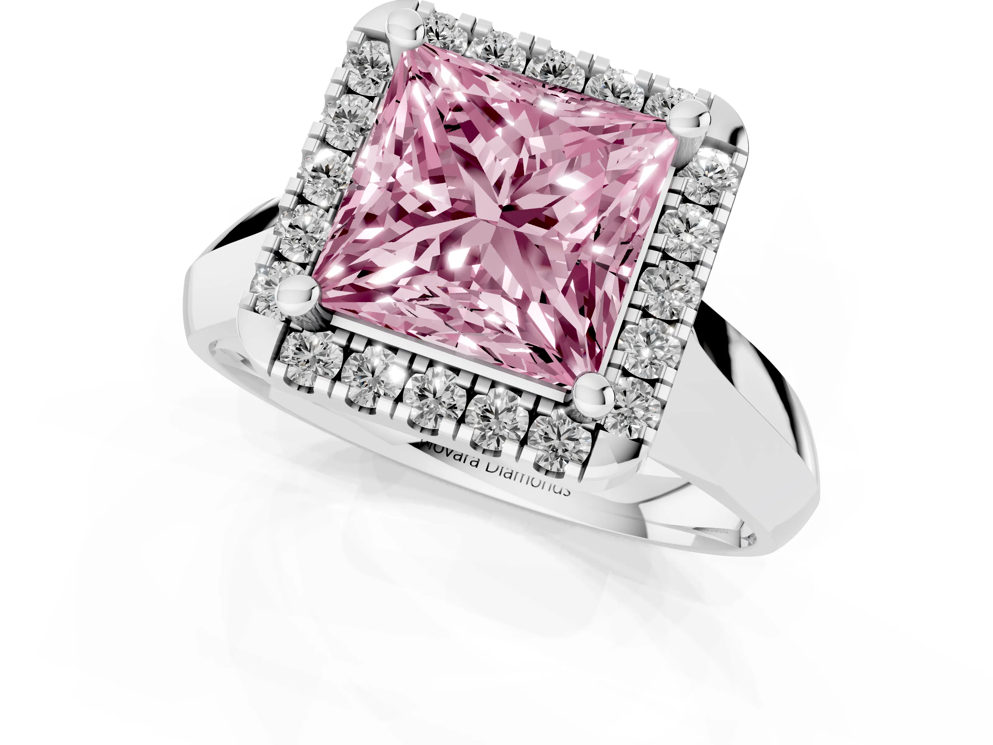 Fancy Pink Princess Cut Diamond Halo Solitaire Engagement Ring Set in White gold with Square Band and Prong Setting