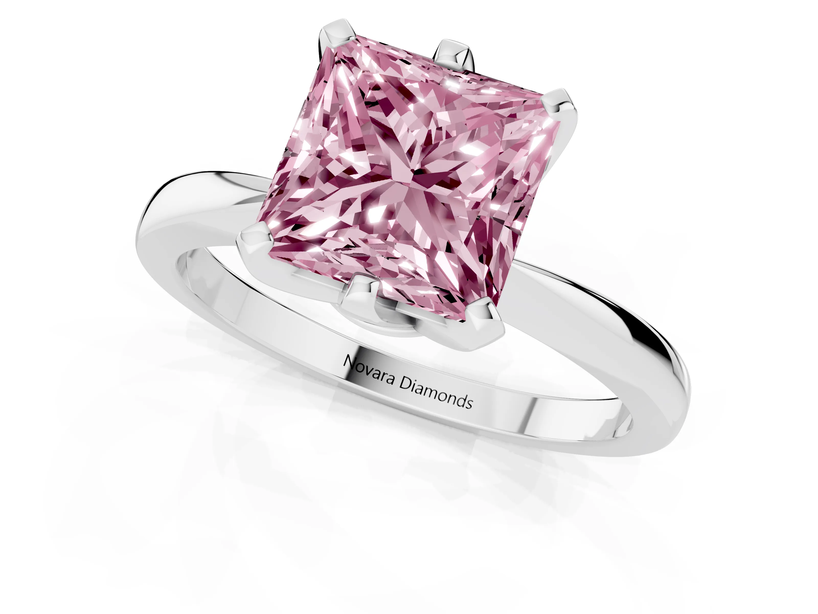 Fancy Pink Princess Cut Diamond Solitaire Engagement Ring Set in Platinum with Slim Tapered Solitaire Band