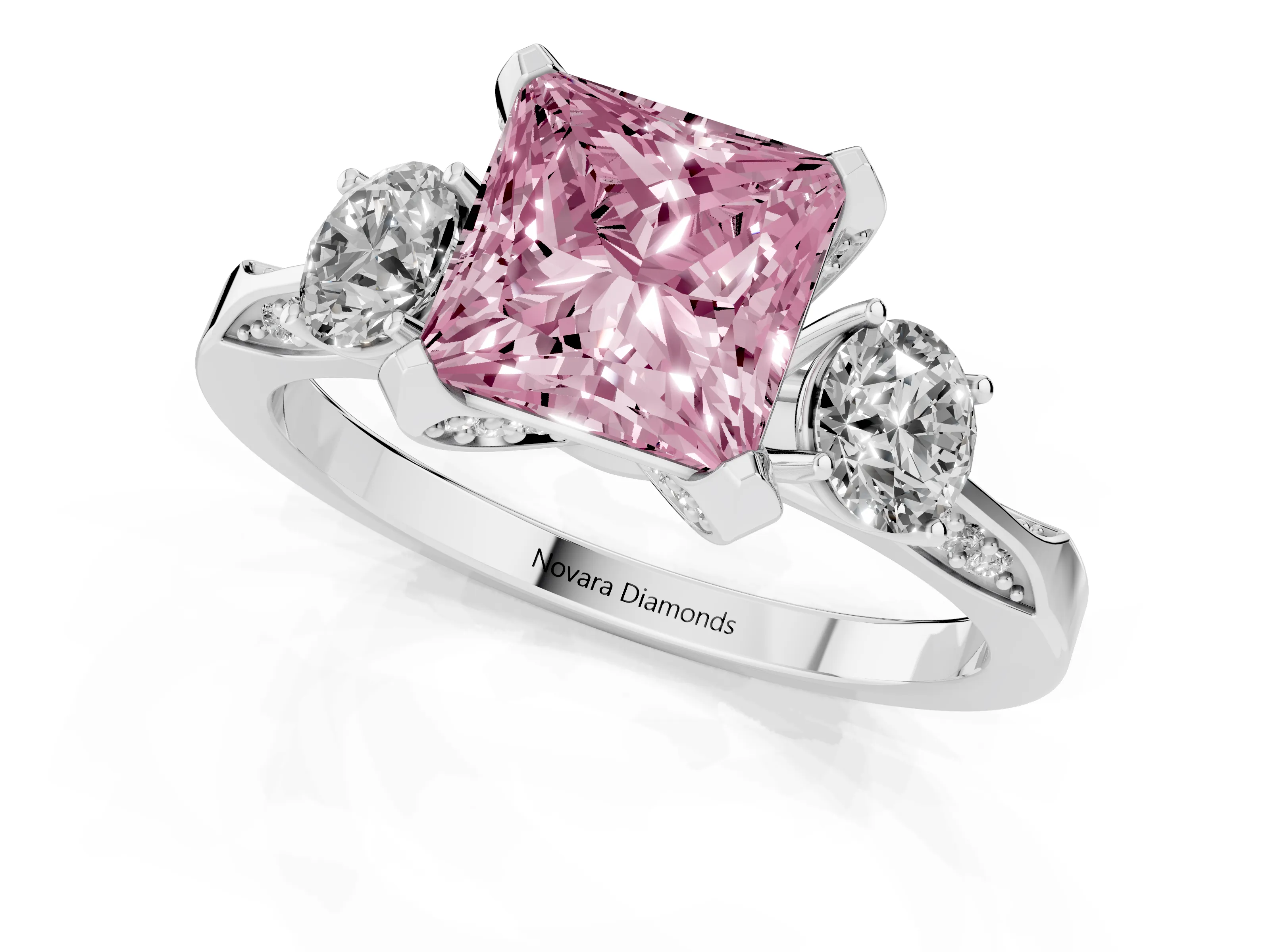 Fancy Pink Princess Cut Diamond Three-Stone Ring Set in White gold with Pavé Band and Smaller Side Stones – second view