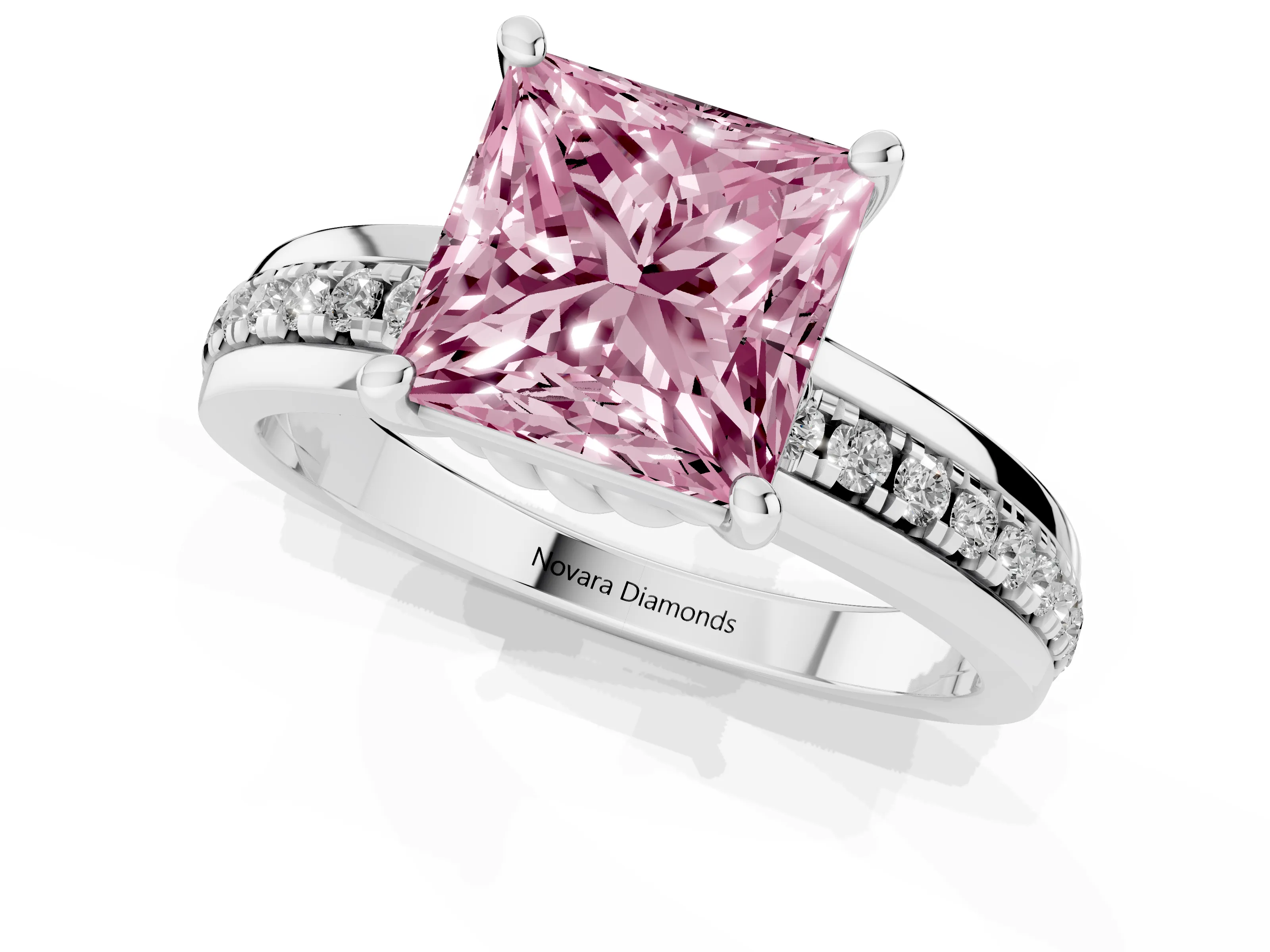 Fancy Pink Princess Cut Diamond Solitaire Ring Set in White gold with Channel Set Band and Prong Setting