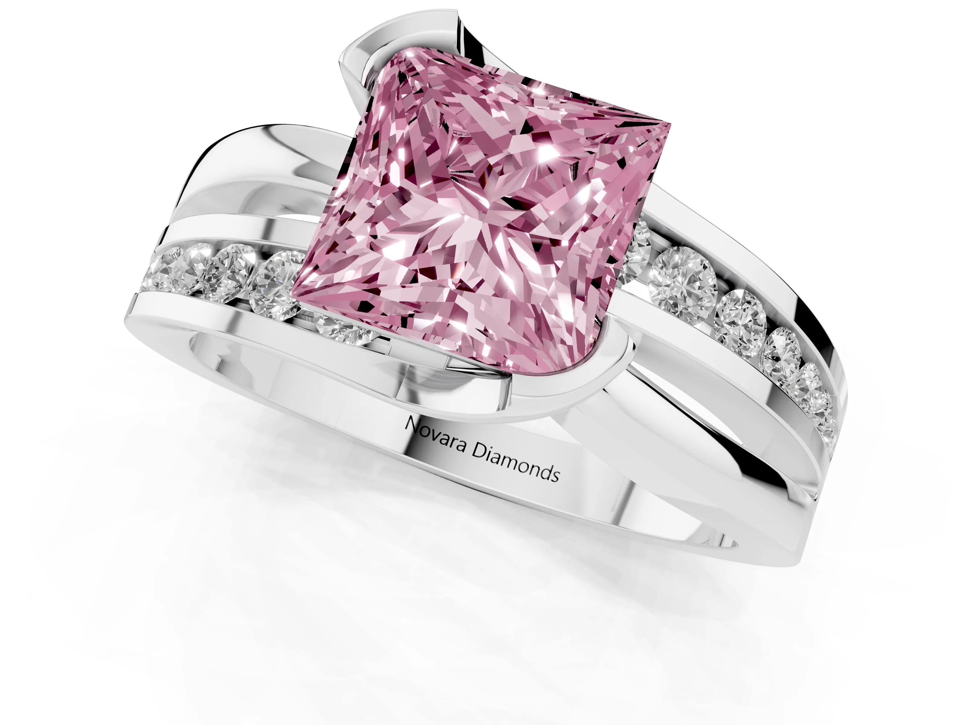 Fancy Pink Princess Cut Diamond Solitaire Ring Set in Silver with Channel Set Split Shank and Tension Prongs