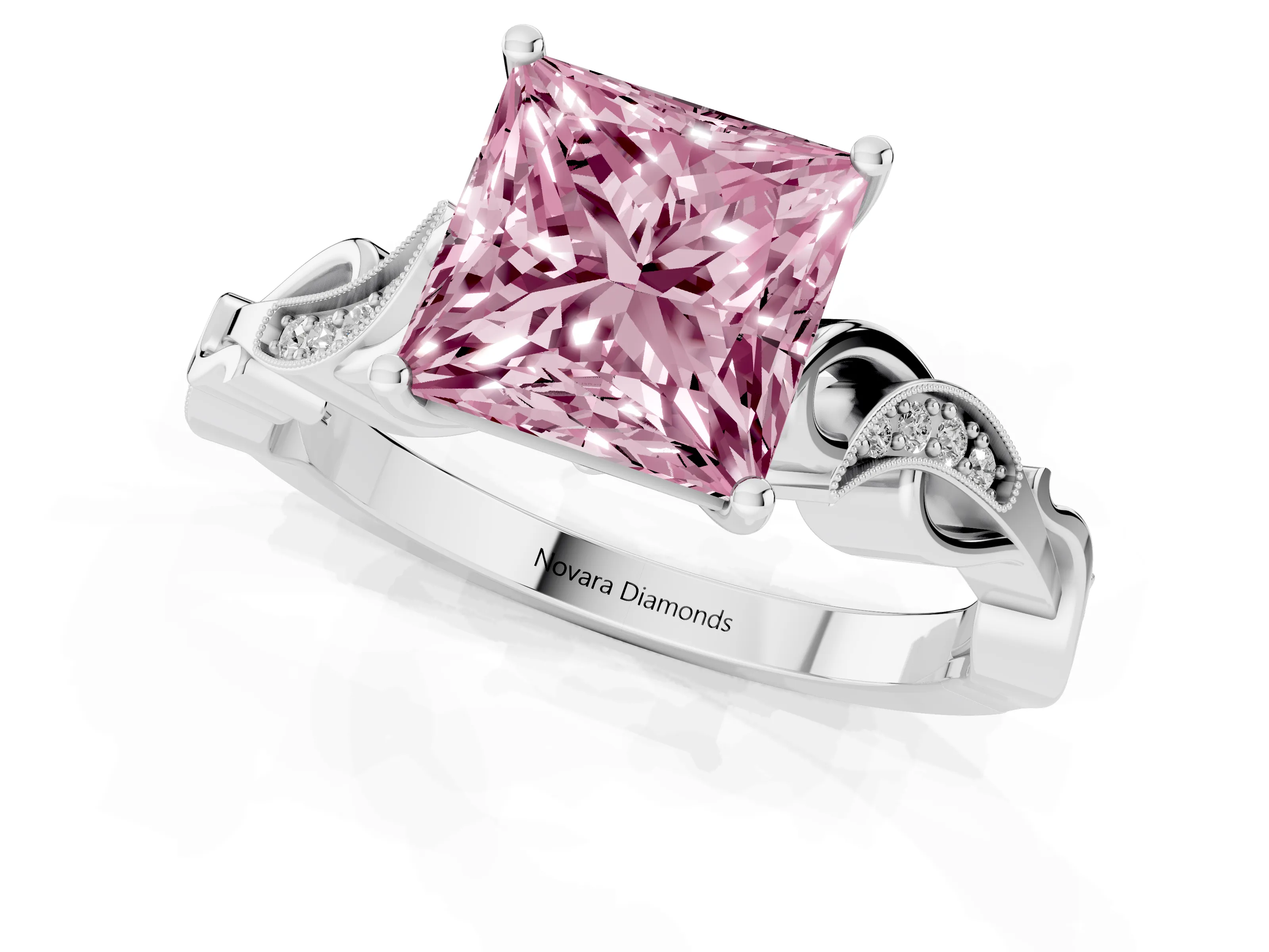 Fancy Pink Princess Cut Diamond Vine Band Solitaire Ring Set in White gold with Milgrain Prong Setting