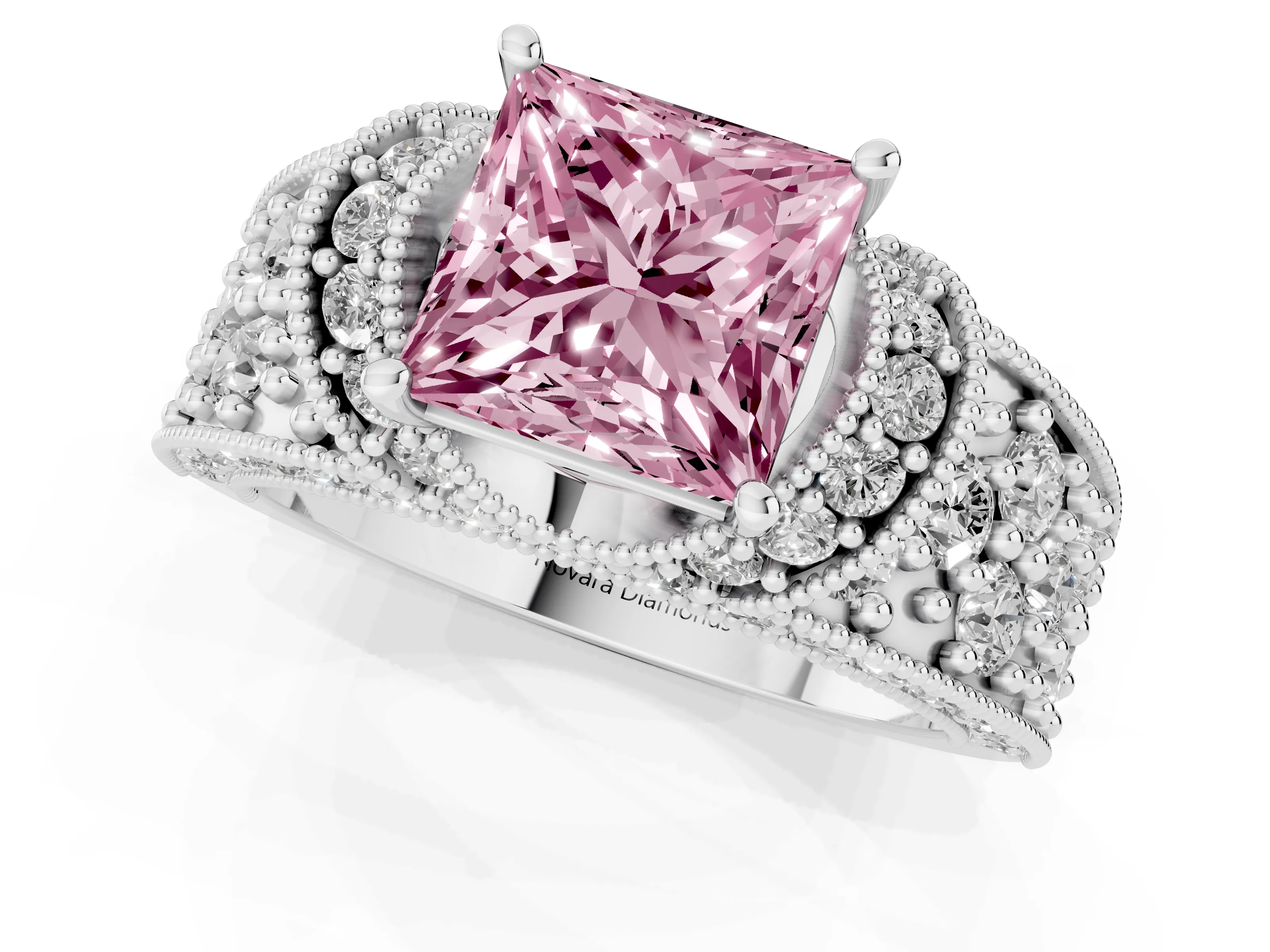 Fancy Pink Princess Cut Diamond Milgrain Halo Pavé Engagement Ring Set in White gold with Prong Setting
