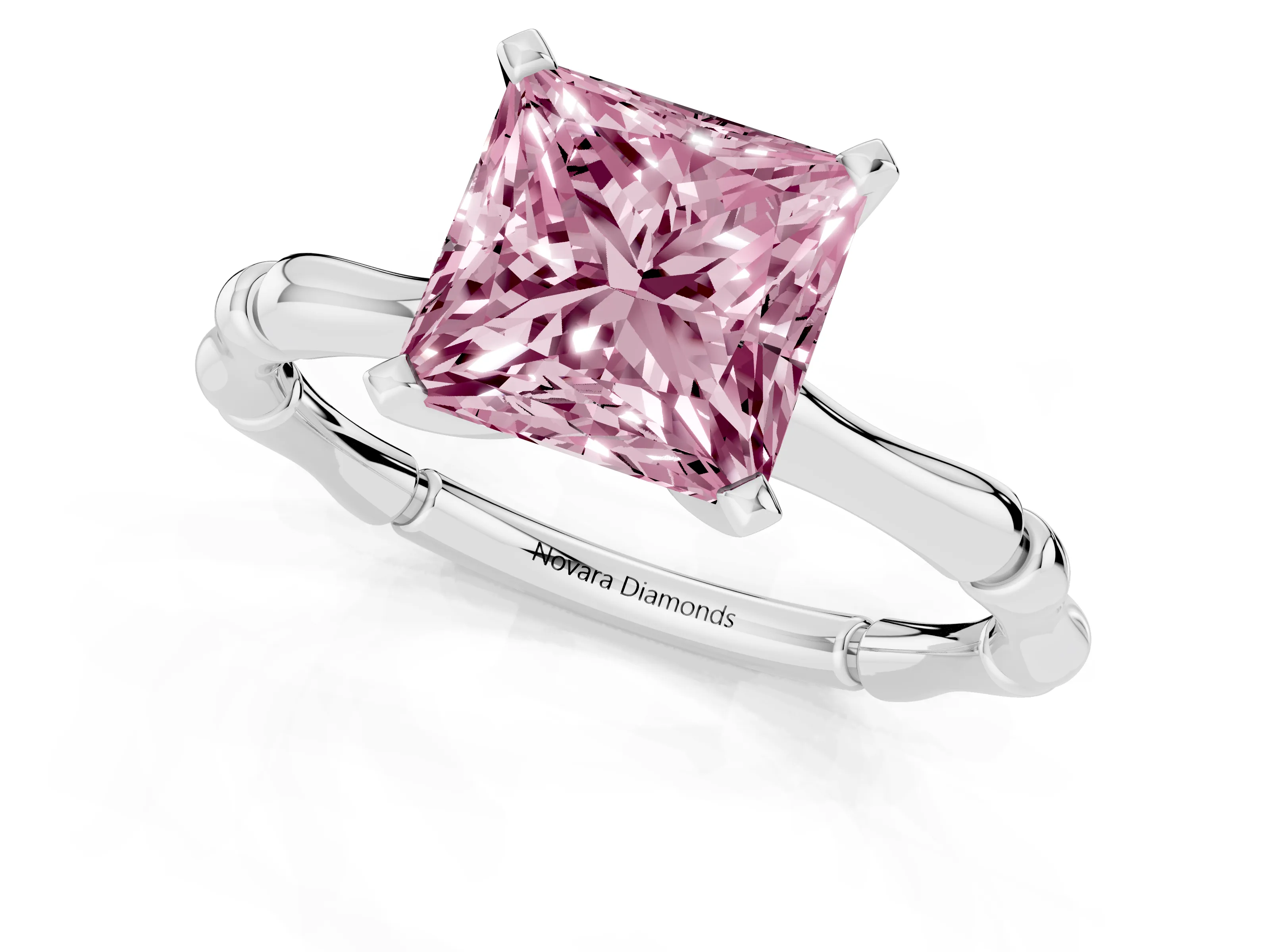 Fancy Pink Princess Cut Diamond Solitaire Ring Set in Silver with Bamboo Band and Prong Setting