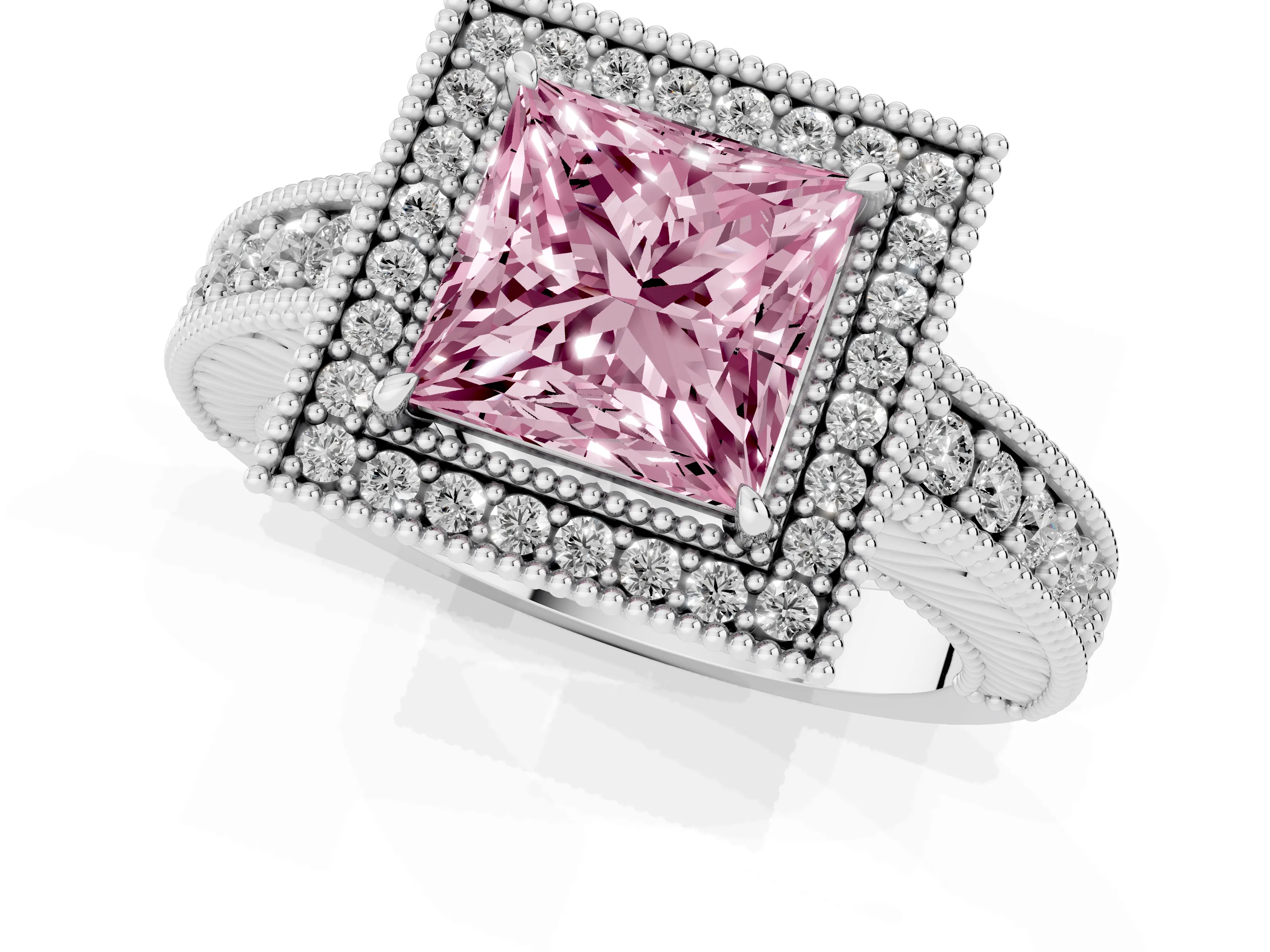 Fancy Pink Princess Cut Diamond Halo Ring Set in White gold with Round Accent Halo, Pavé Band and Prong Setting
