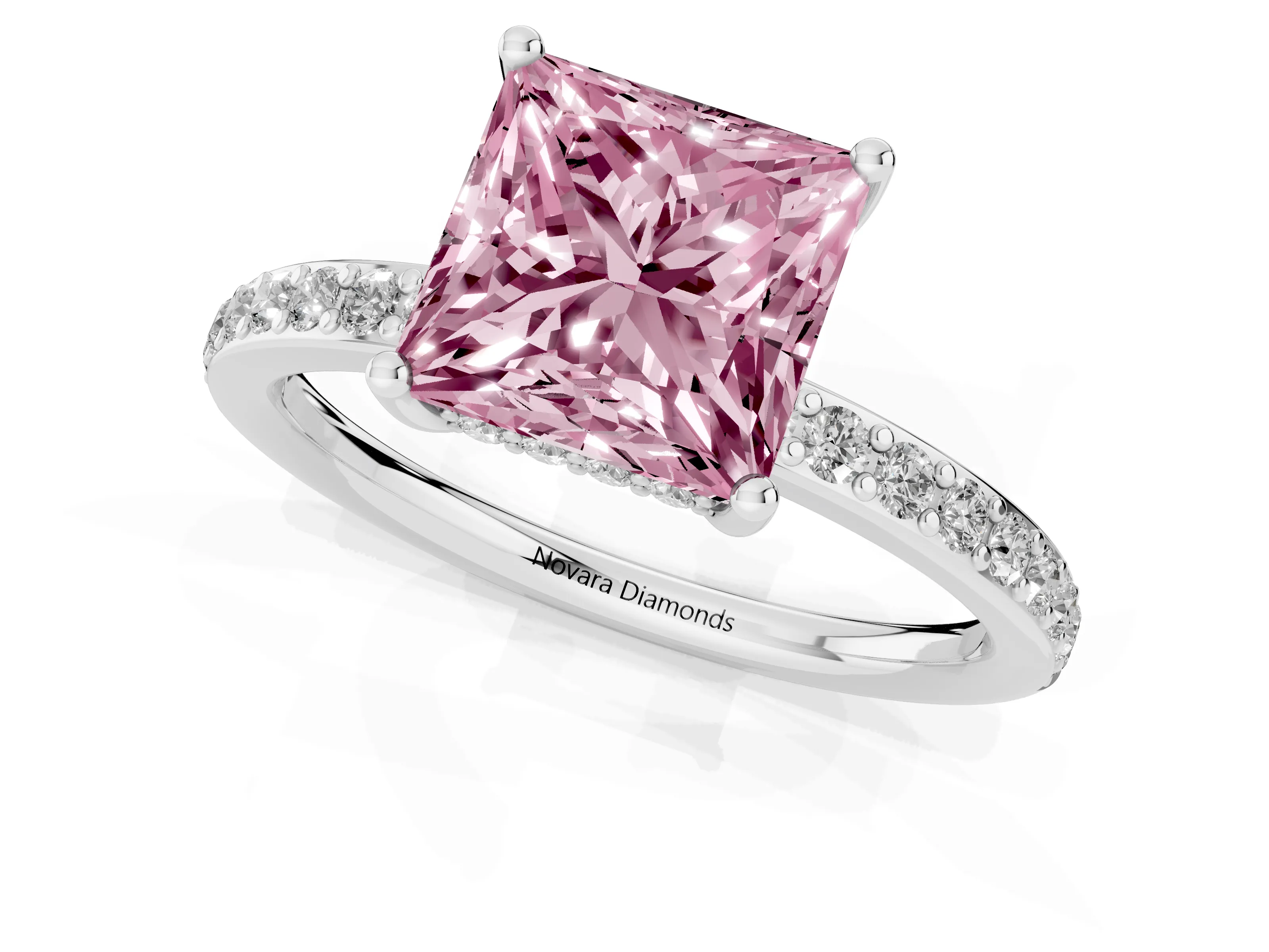 Fancy Pink Princess Cut Diamond Pavé Band Ring Set in Platinum with Prong-Set Center Stone