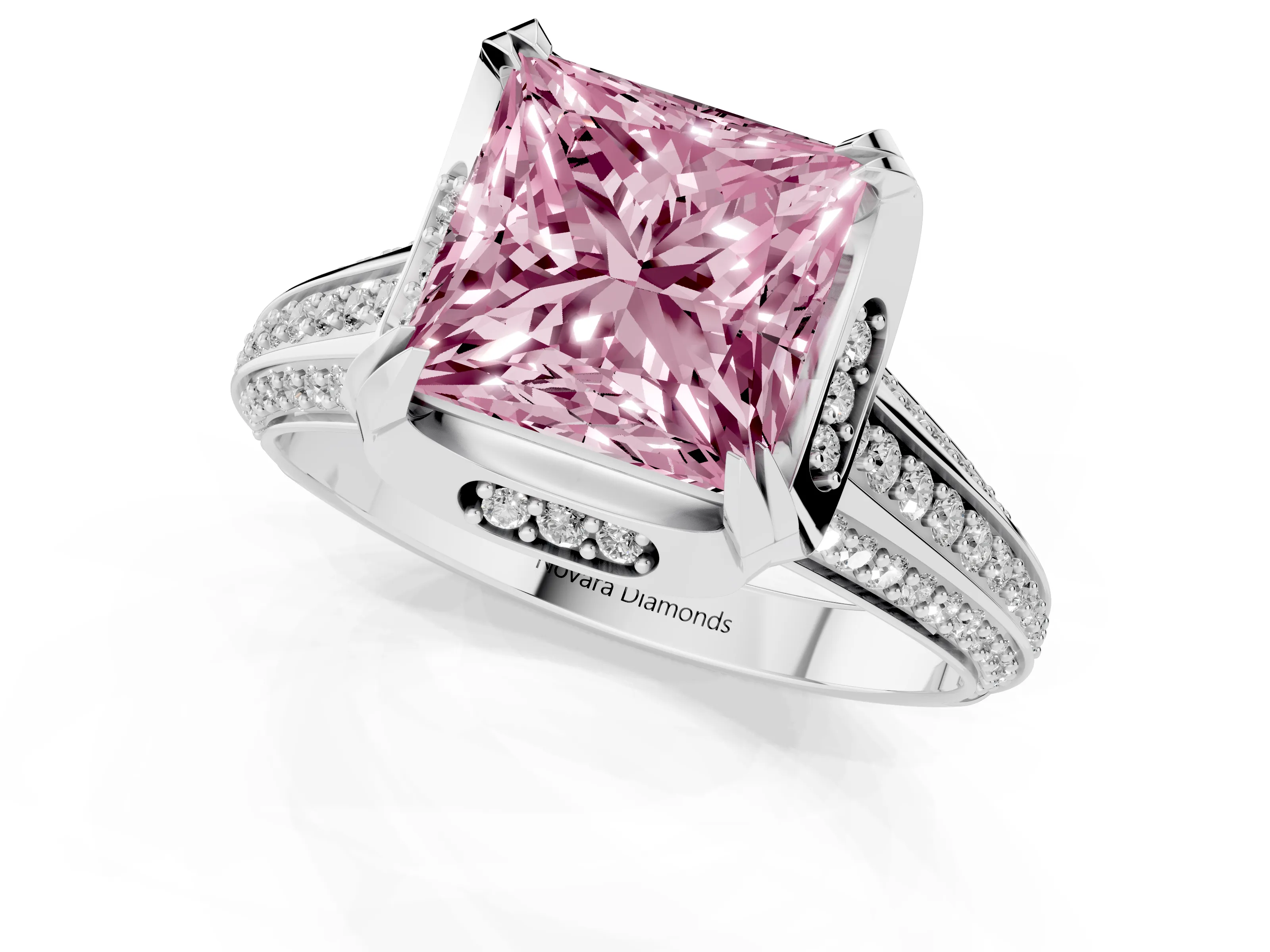 Fancy Pink Princess Cut Diamond Pavé Split Shank Solitaire Ring Set in Silver with Prong Setting