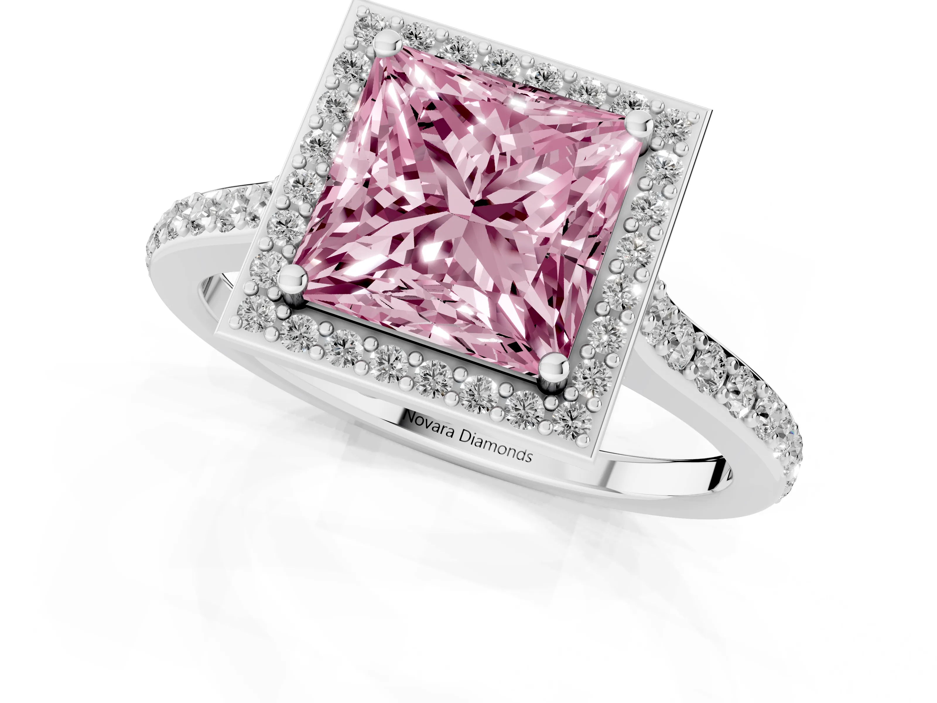 Fancy Pink Princess Cut Diamond Halo Engagement Ring Set in Platinum with Round Pavé Shoulders and Heart Gallery – second view