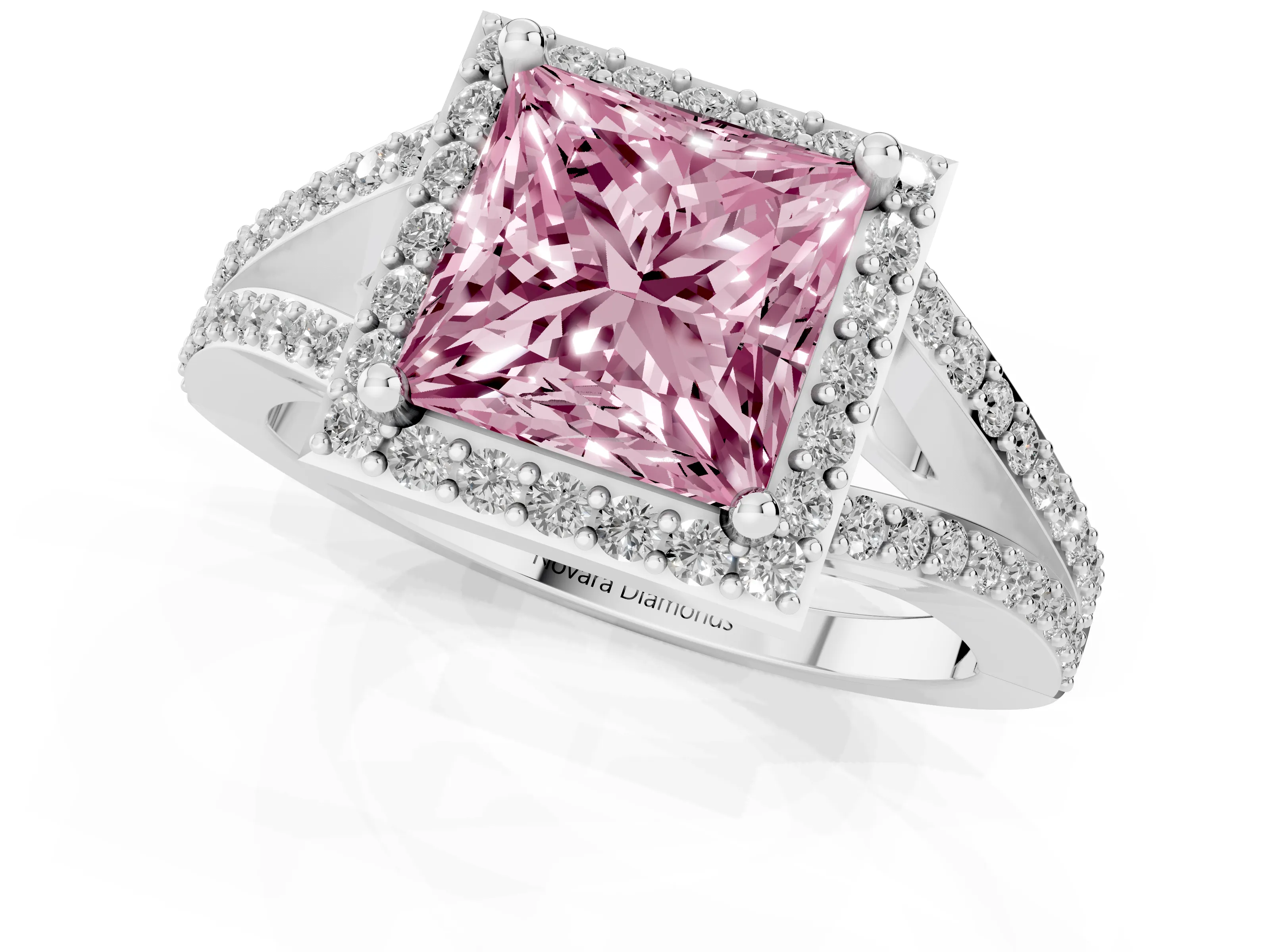 Fancy Pink Princess Cut Diamond Halo Split Shank Pavé Ring Set in Silver with Prong Setting