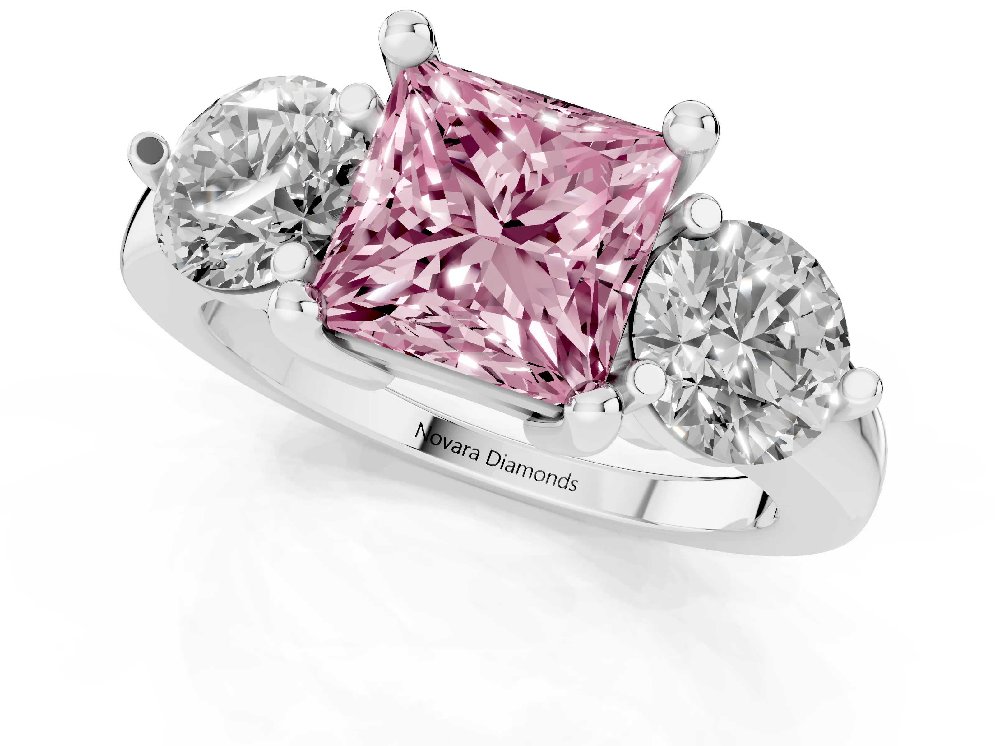 Fancy Pink Princess Cut Diamond Three-Stone Ring Set in White gold with Prong Setting and Classic Band