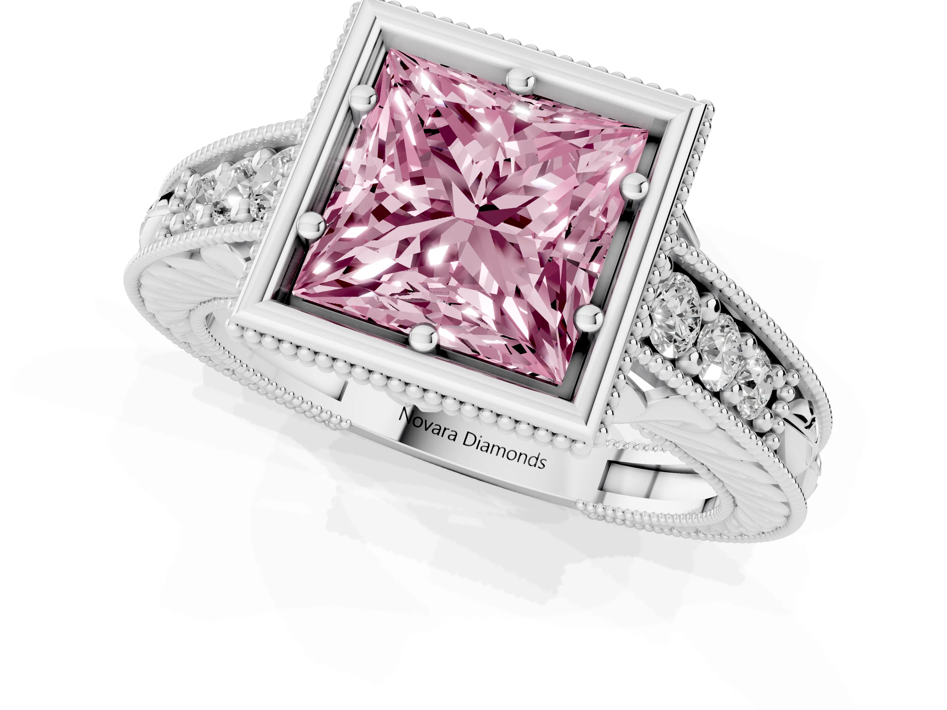 Fancy Pink Bezel Set Princess Cut Diamond Milgrain Pavé Engagement Ring Set in Platinum