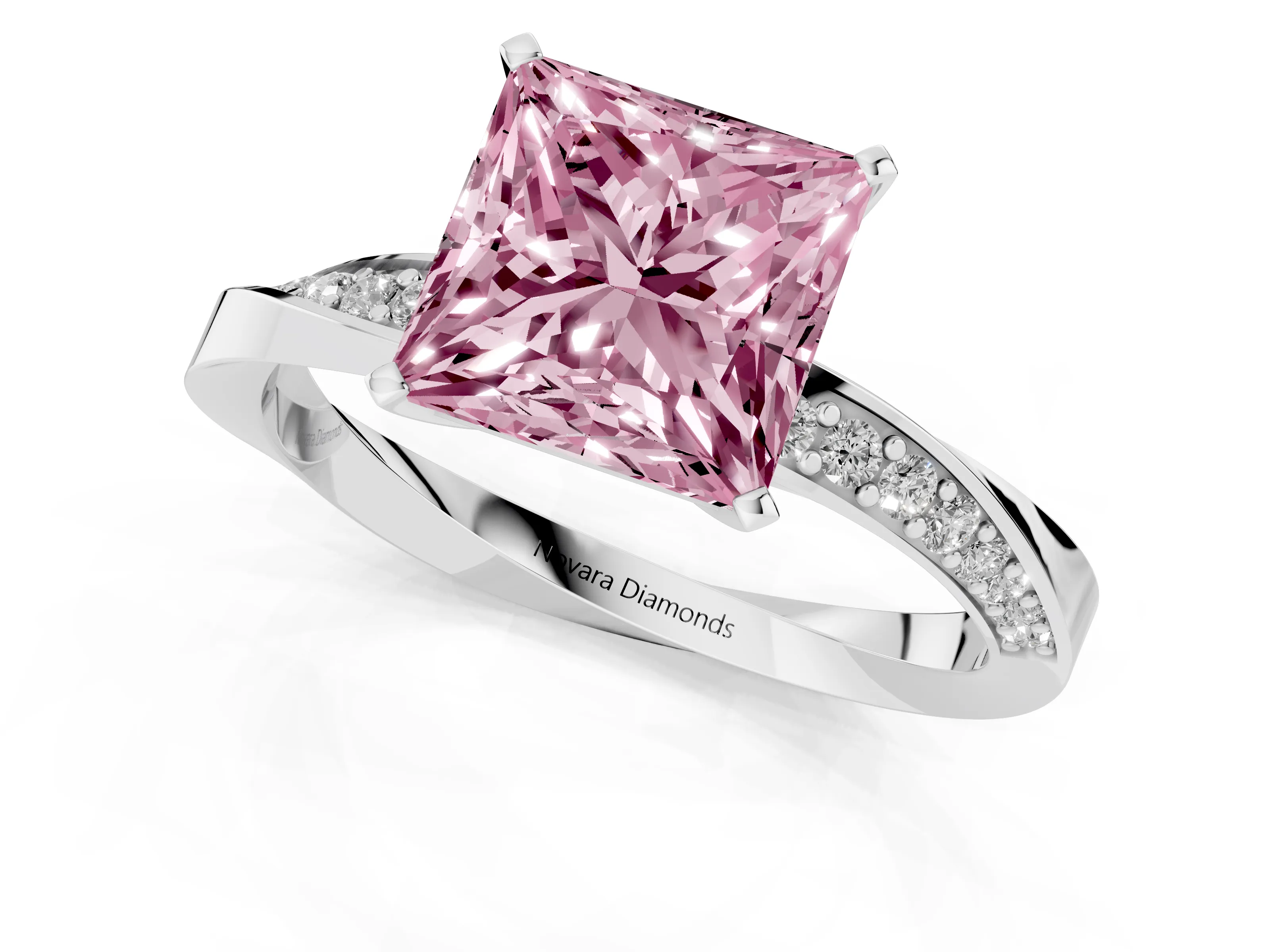 Fancy Pink Princess Cut Diamond Engagement Ring Set in Platinum with Side Stone Accents and Prong Setting – second view
