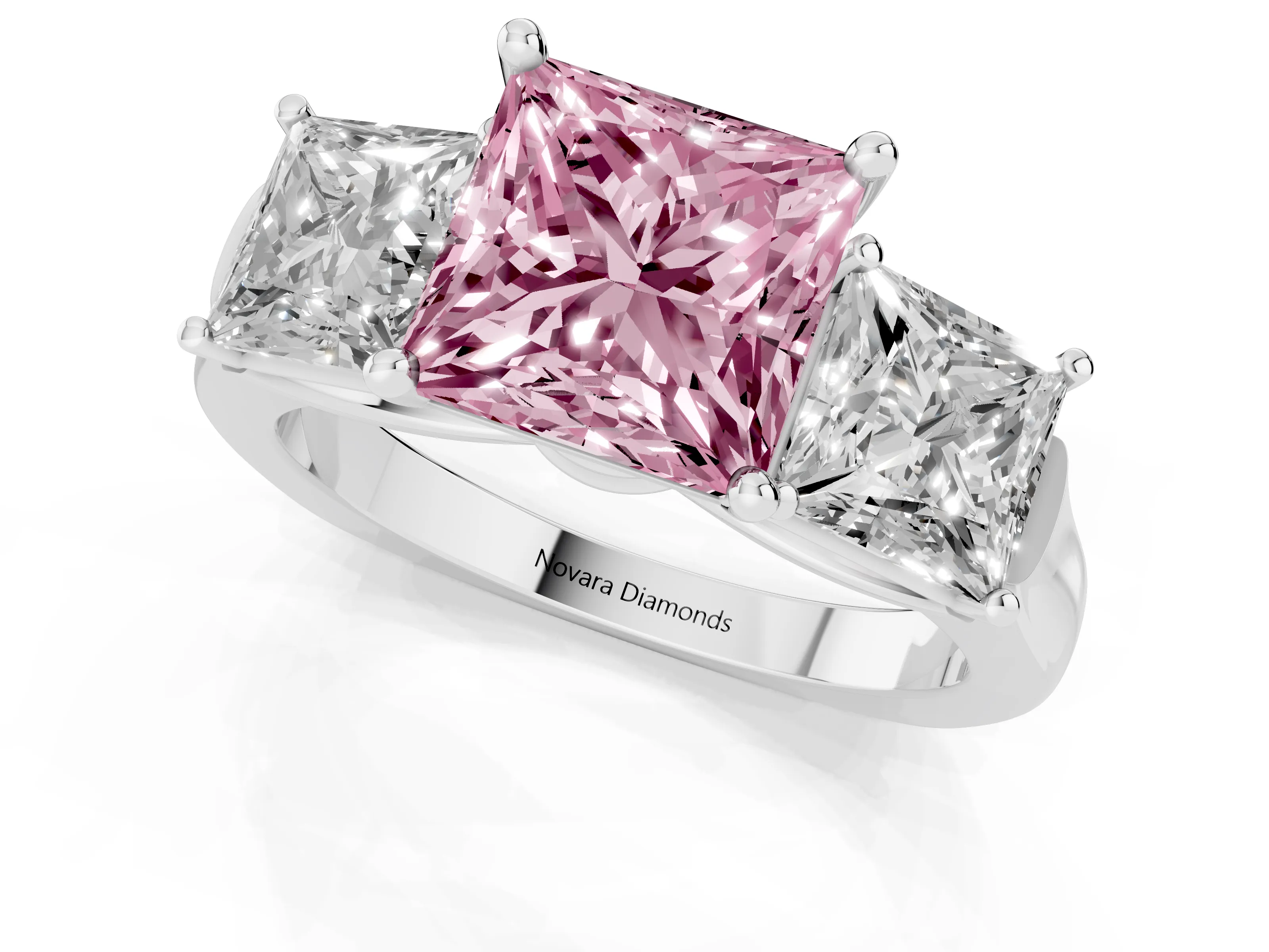 Fancy Pink Princess Cut Diamond Three-Stone Trellis Ring Set in Platinum with Comfort Fit Band