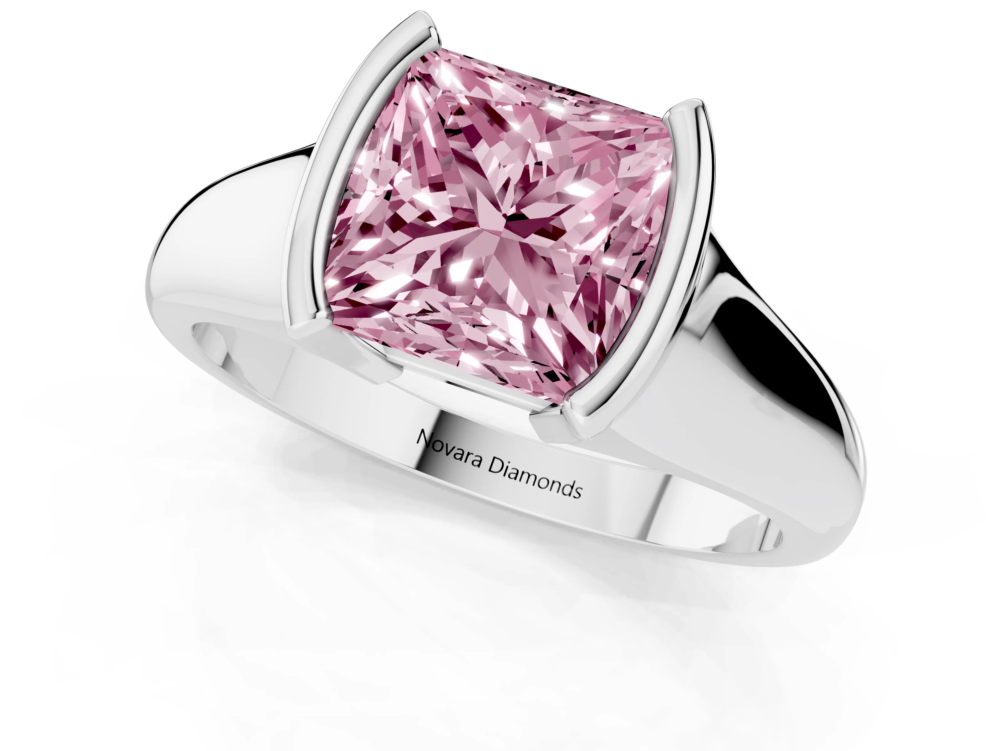 Fancy Pink Princess Cut Diamond Solitaire Tension Set Ring Set in White gold with Split Shank Band