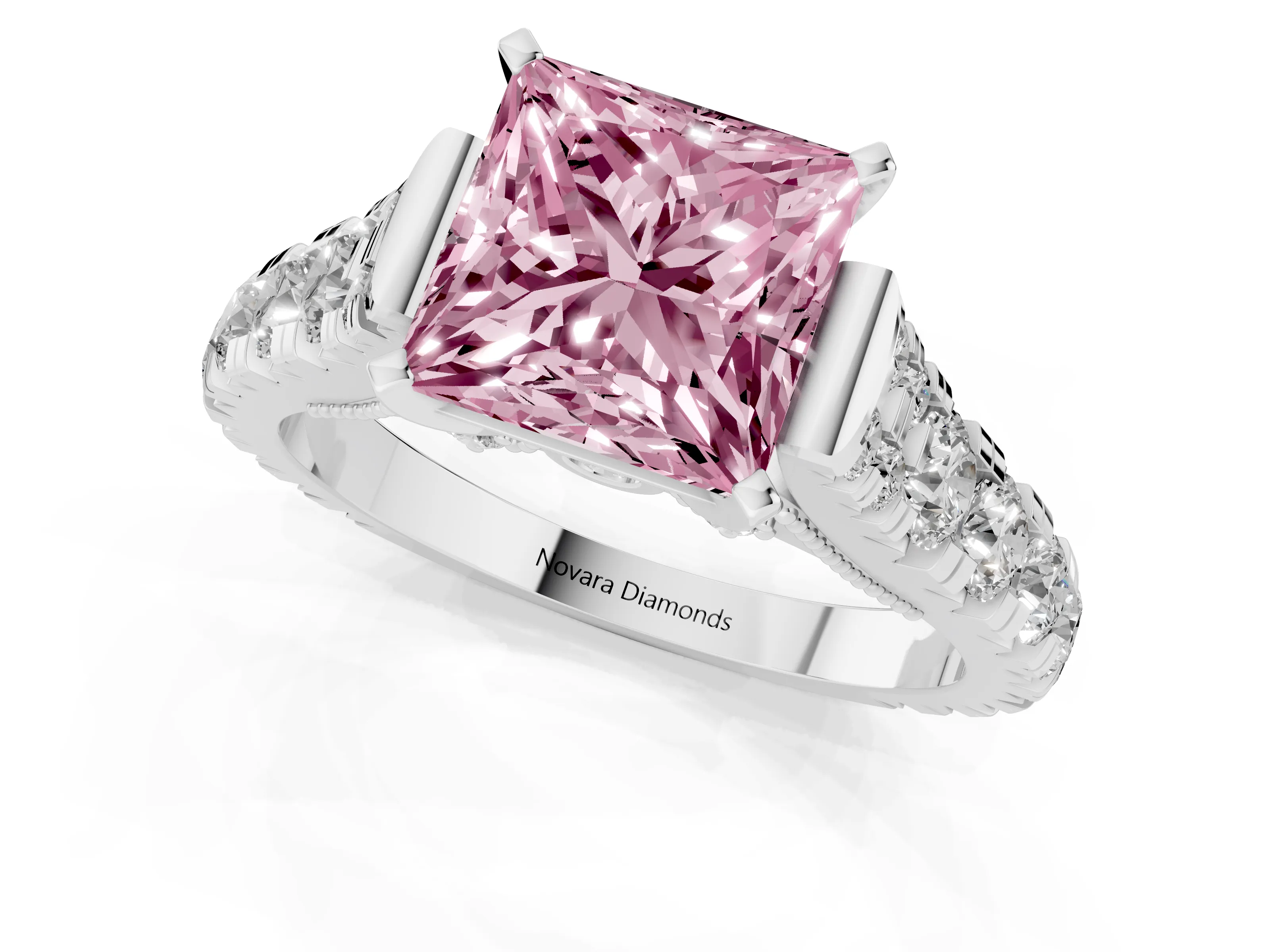 Fancy Pink Princess Cut Diamond Classic Solitaire Ring Set in Silver with Pavé Band and Prong Setting