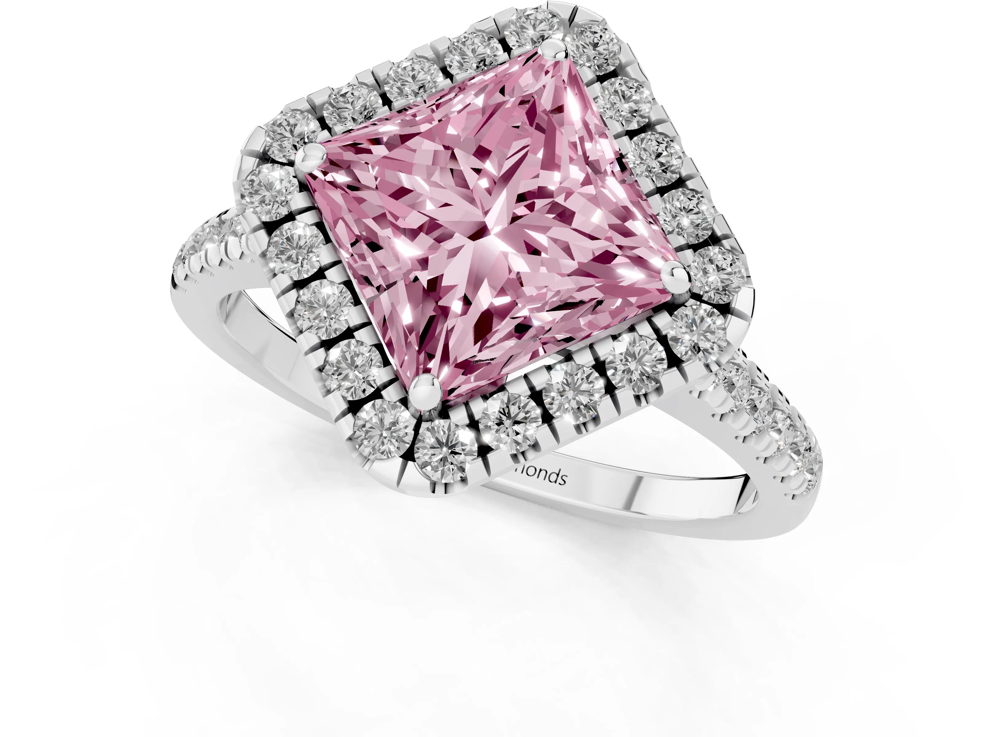 Fancy Pink Princess Cut Diamond Cushion Halo Ring Set in White gold with Pavé Band – second view