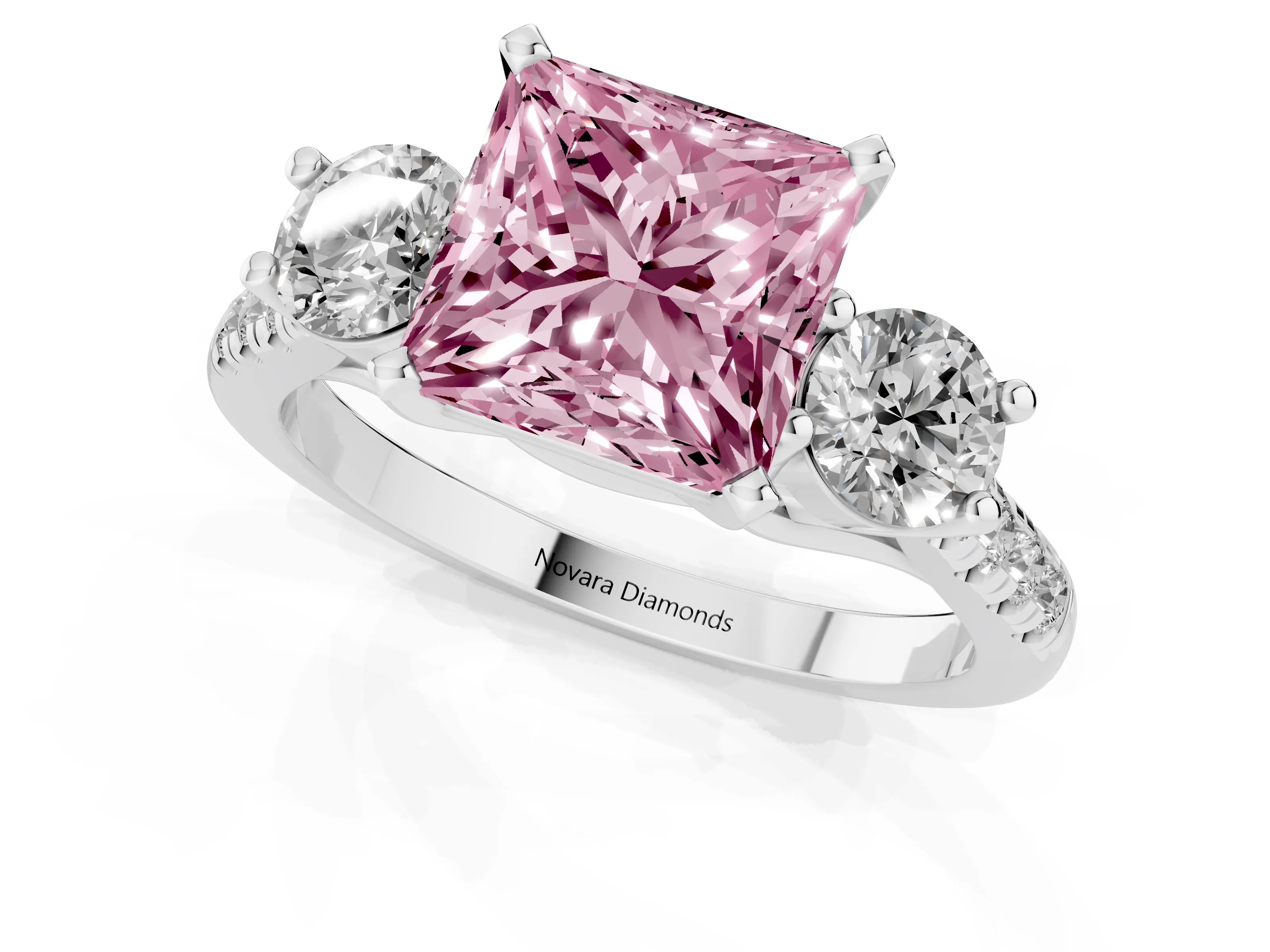 Fancy Pink Three-Stone Princess Cut Diamond Pavé Band Ring Set in Platinum with Prong-Set Trio