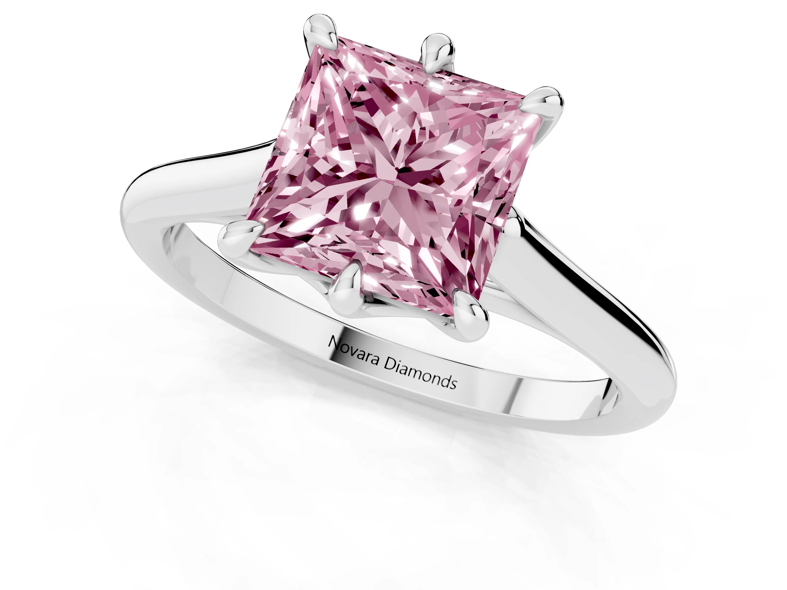 Fancy Pink Princess Cut Diamond Solitaire Engagement Ring Set in Silver with Prong Setting and Plain Classic Band