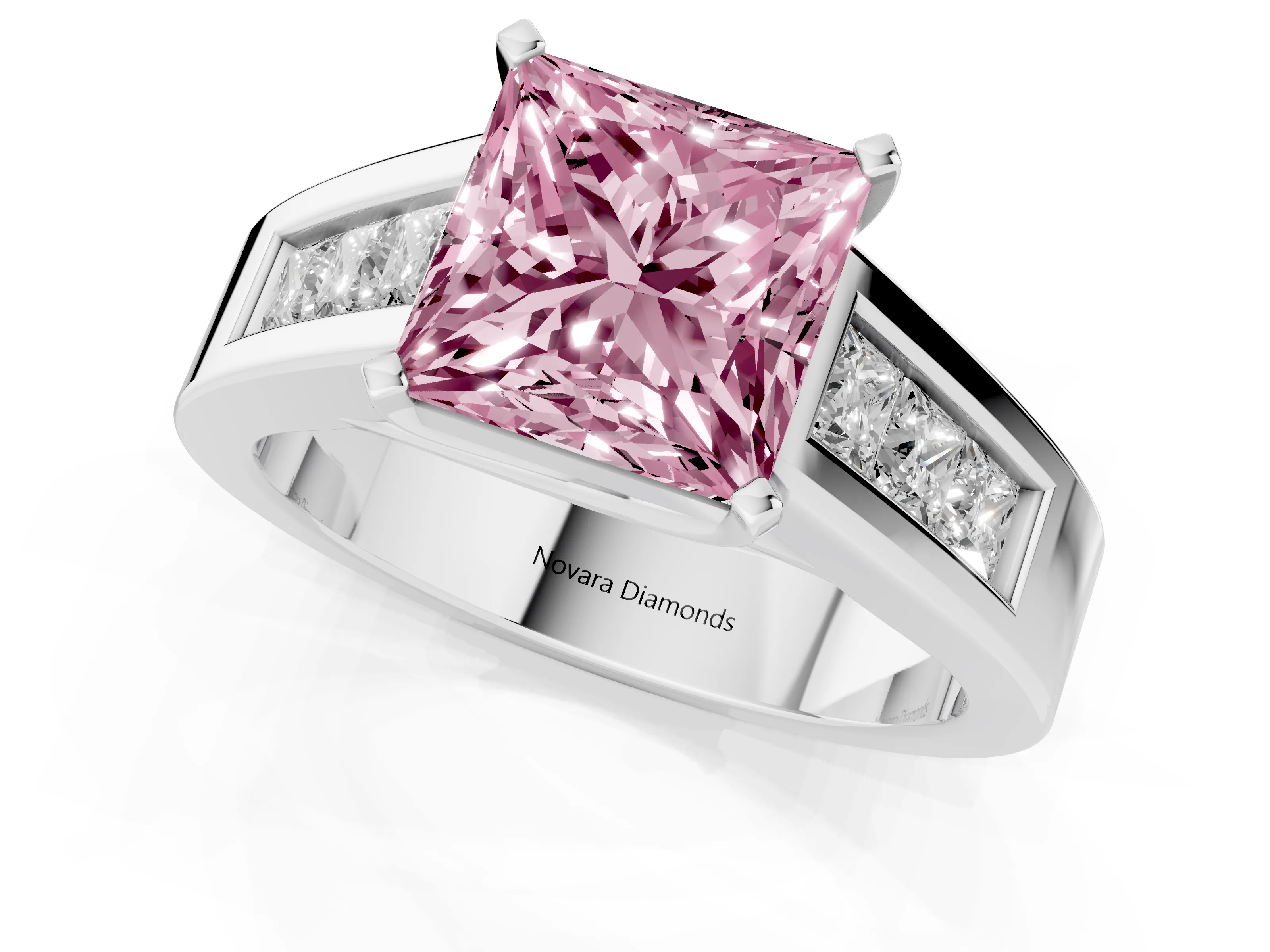 Fancy Pink Princess Cut Diamond Solitaire Ring Set in Silver with Channel-Set Accent Stones and Prong Setting