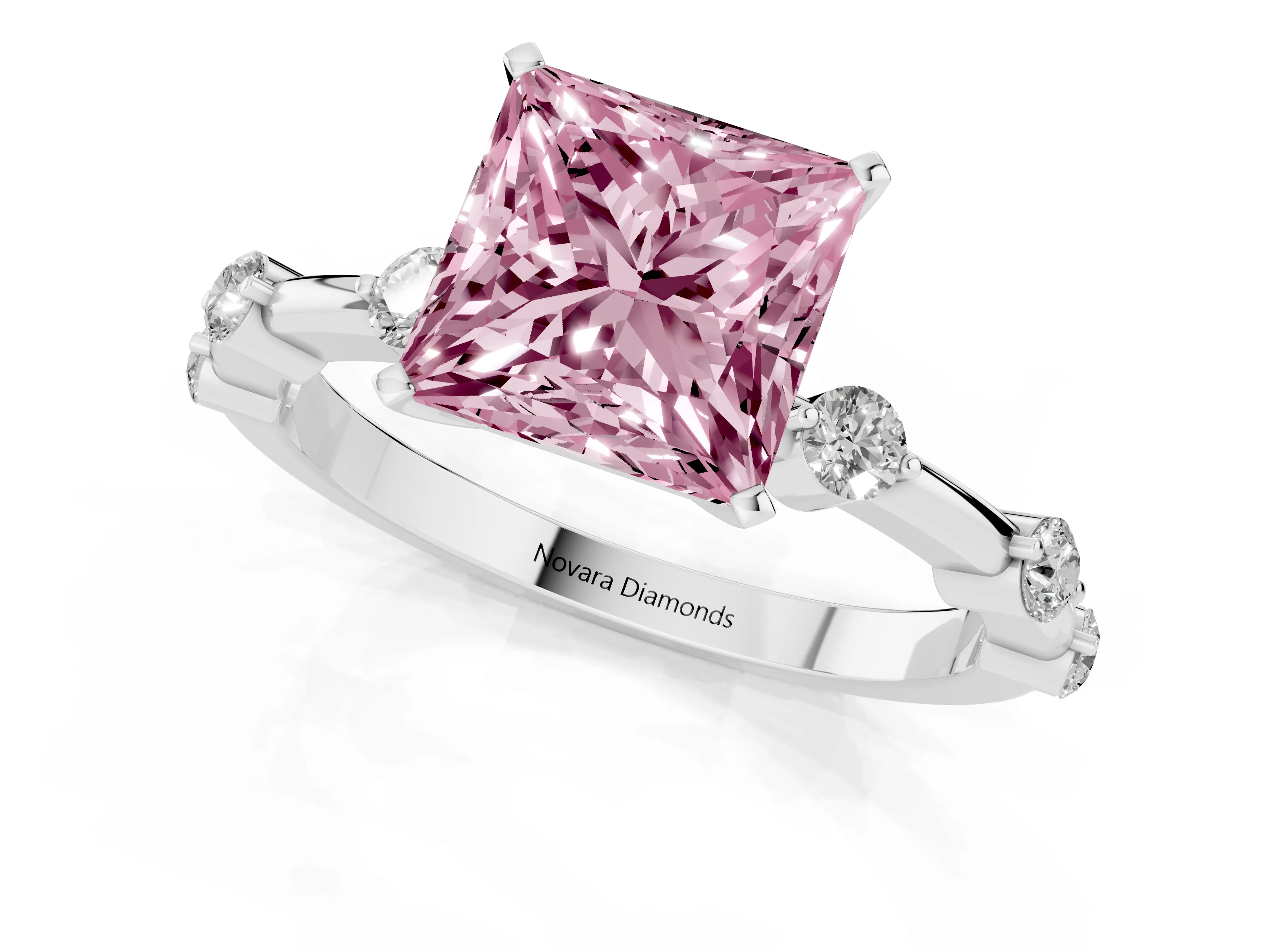 Fancy Pink Princess Cut Diamond Solitaire Ring Set in Silver with Bezel Set Side Stones and Prong Setting