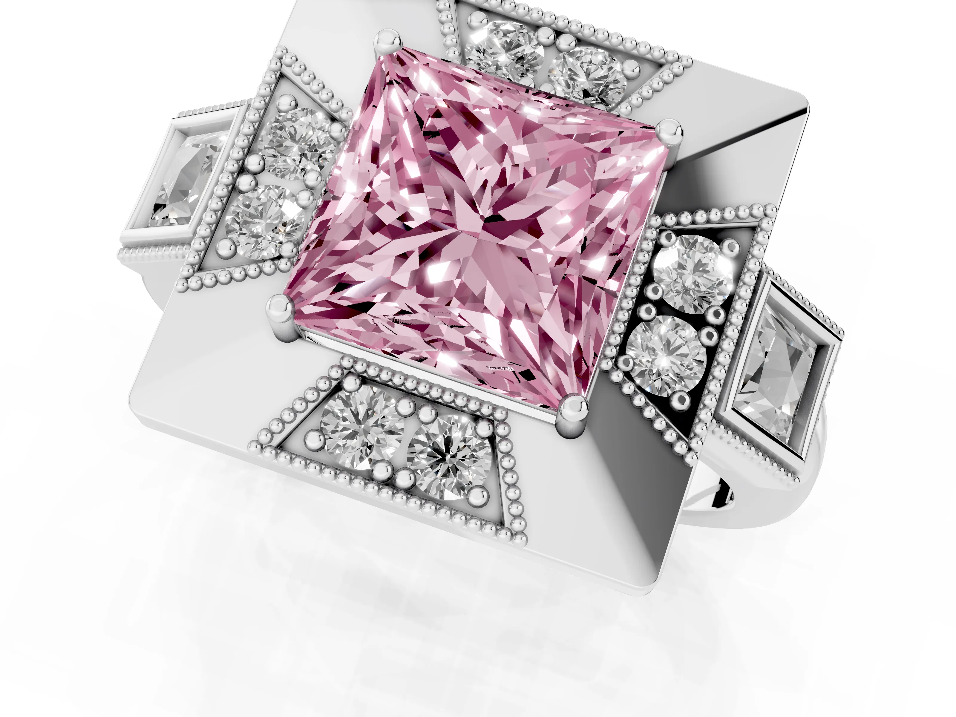 Fancy Pink Princess Cut Diamond Milgrain Halo Ring Set in White gold with Split Shank – second view
