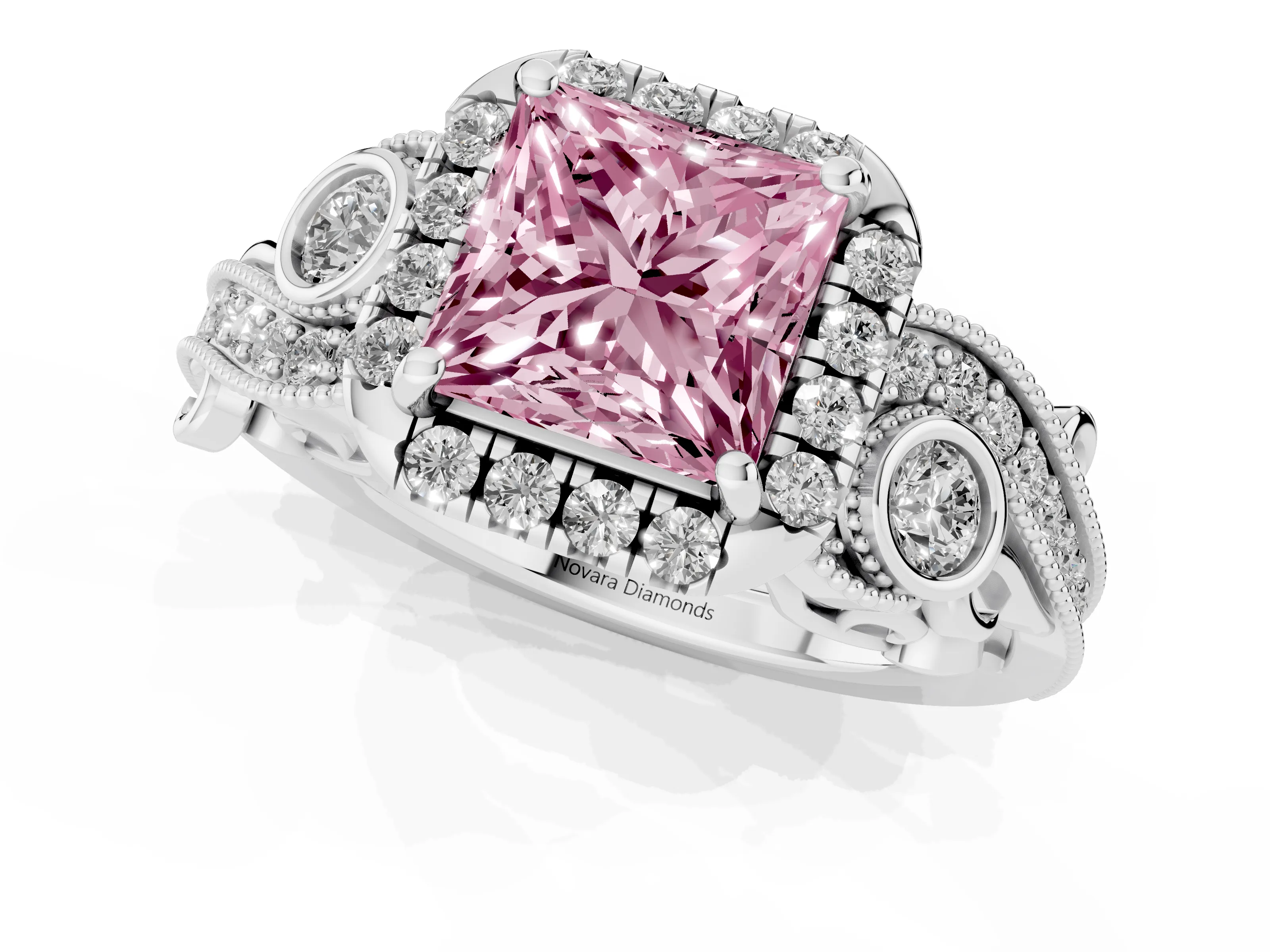 Fancy Pink Princess Cut Diamond Halo Ring Set in Platinum with Milgrain Pavé Band and Prong Setting