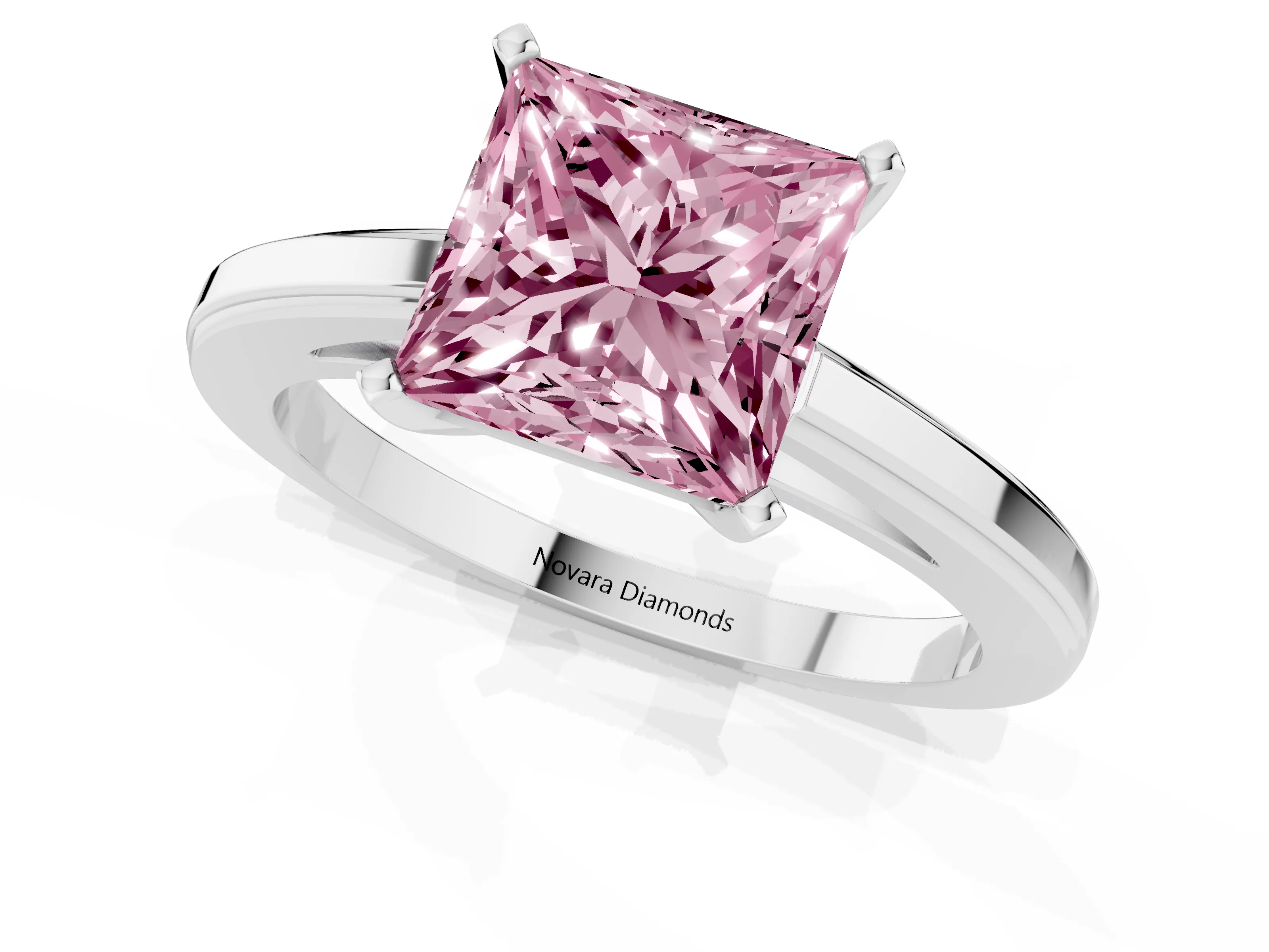 Fancy Pink Princess Cut Diamond Solitaire Ring Set in Platinum with Prong Setting and Classic Band
