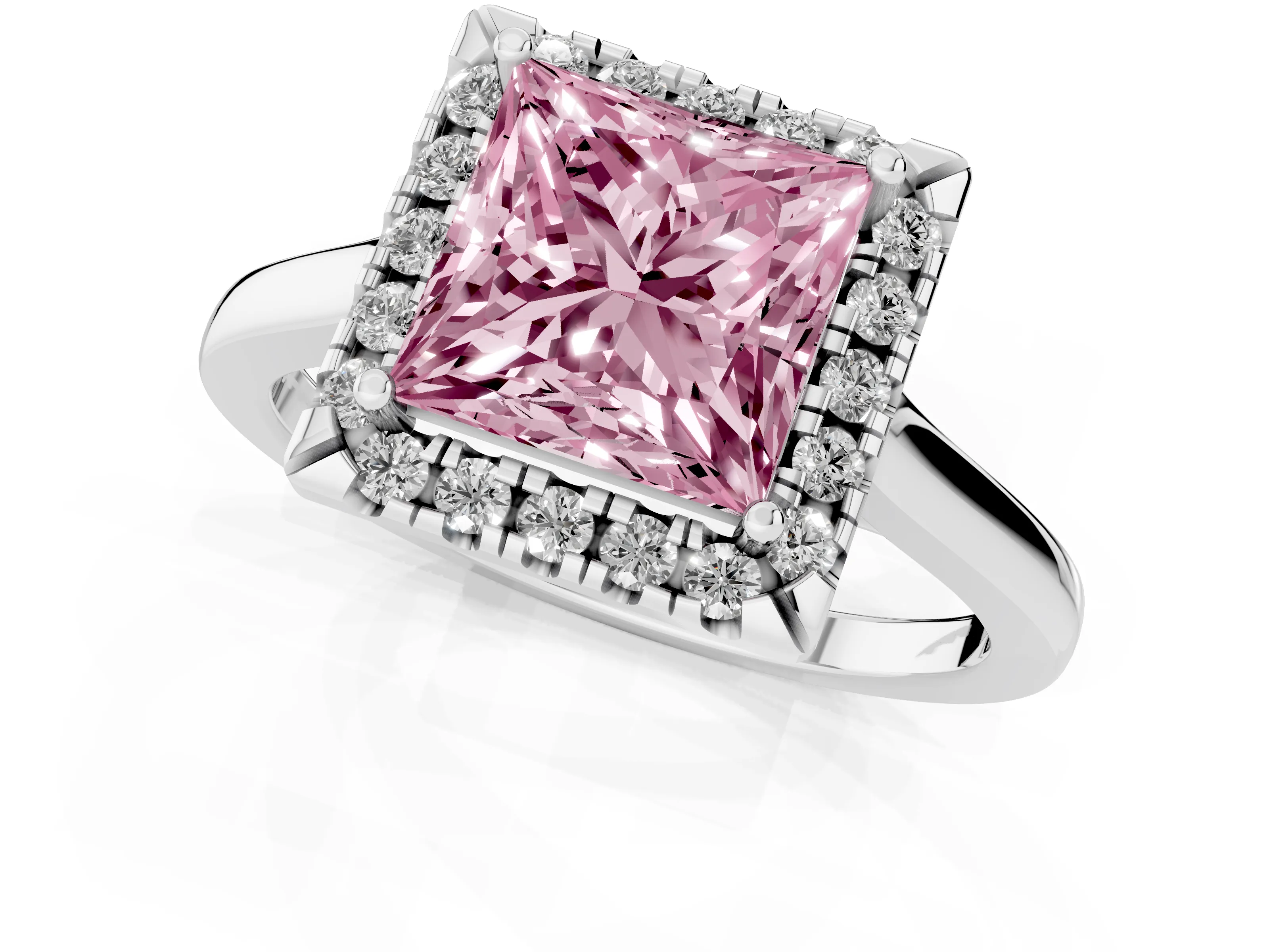 Fancy Pink Princess Cut Halo Round Diamond Solitaire Ring Set in Platinum with Pavé Band and Prong Setting