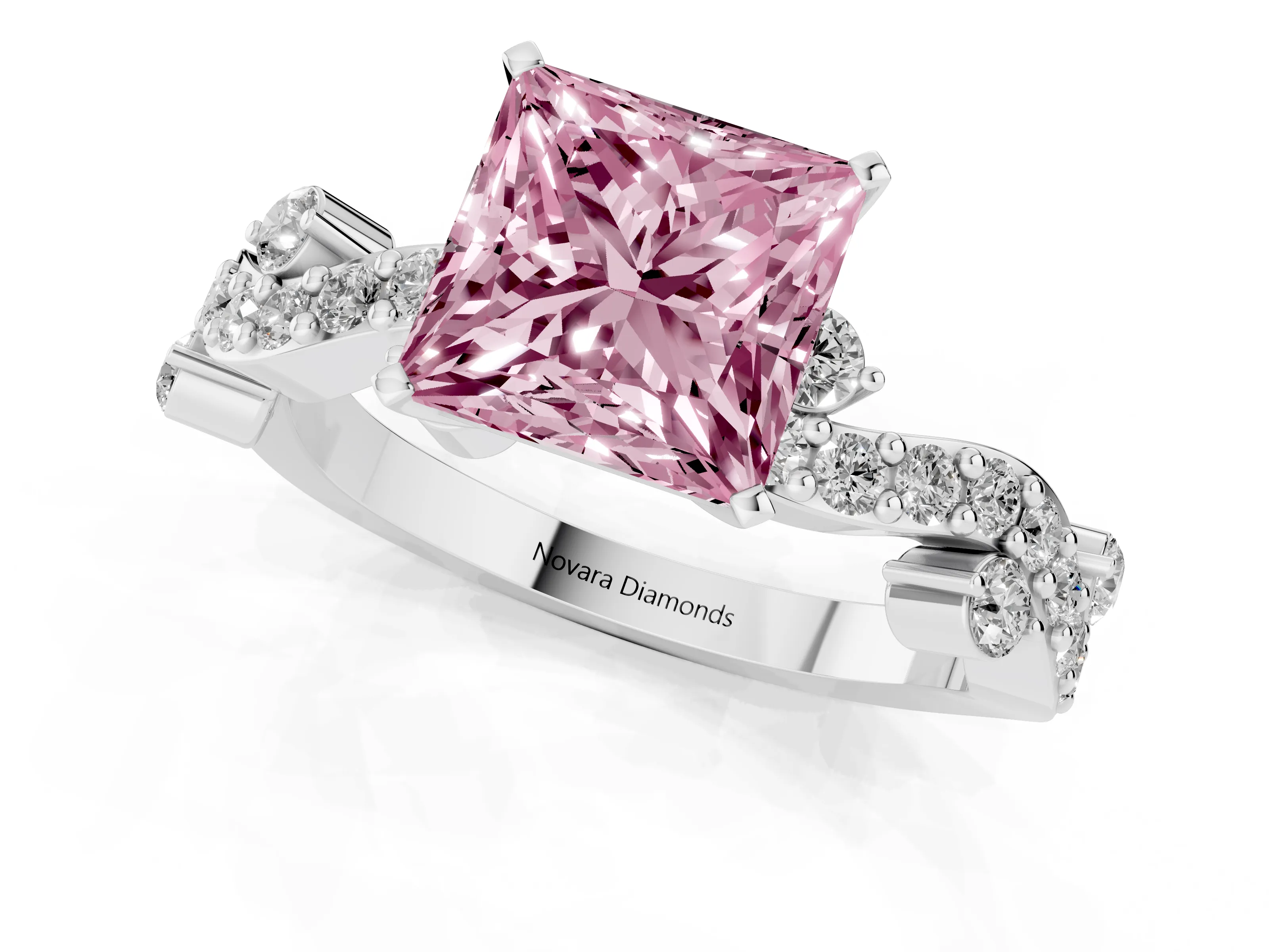 Fancy Pink Princess Cut Diamond Solitaire Twisted Band Set in White gold with Pavé Setting