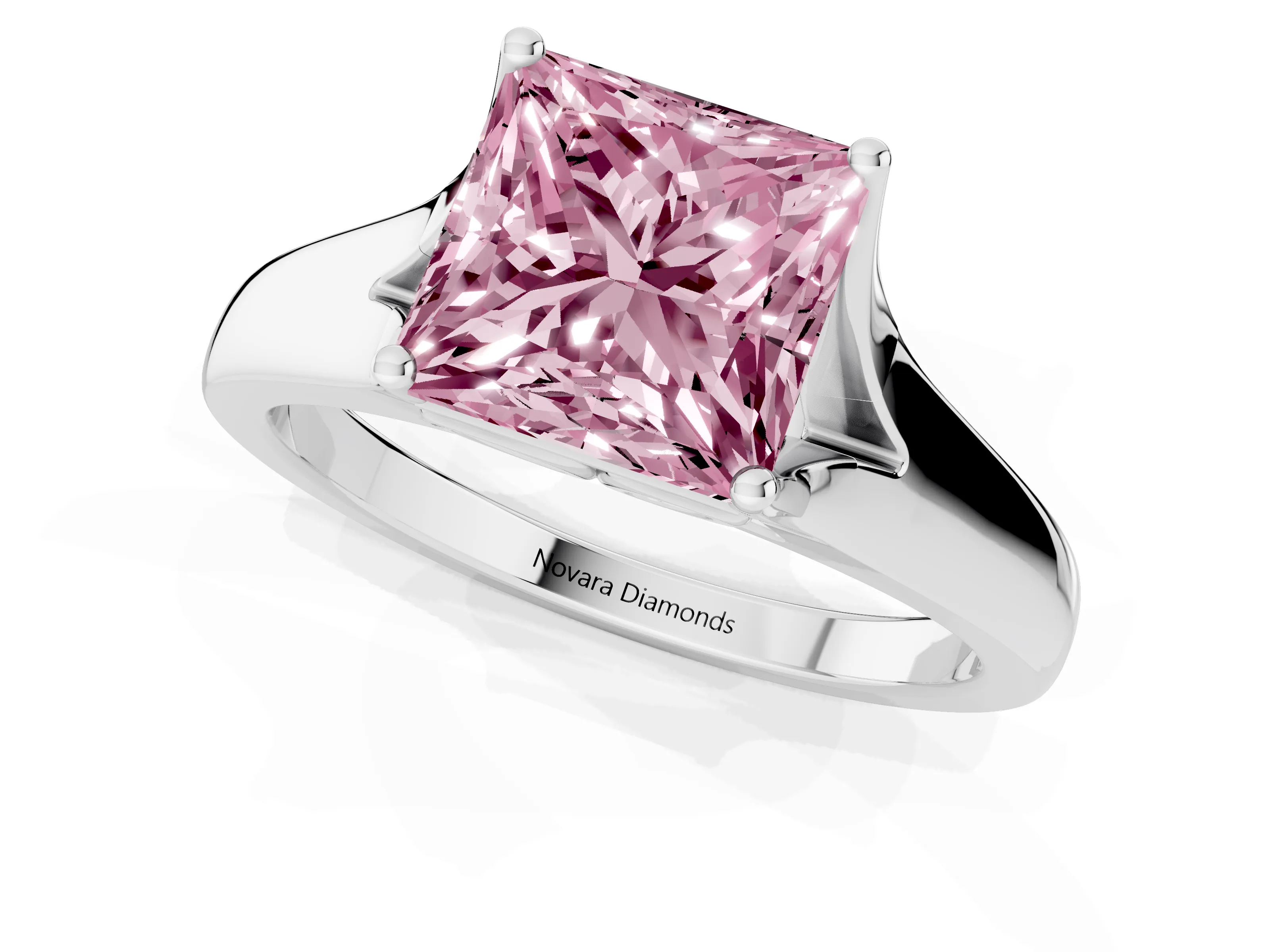 Fancy Pink Princess Cut Diamond Solitaire Ring Set in Silver with Arched Cathedral Band and Prong Setting