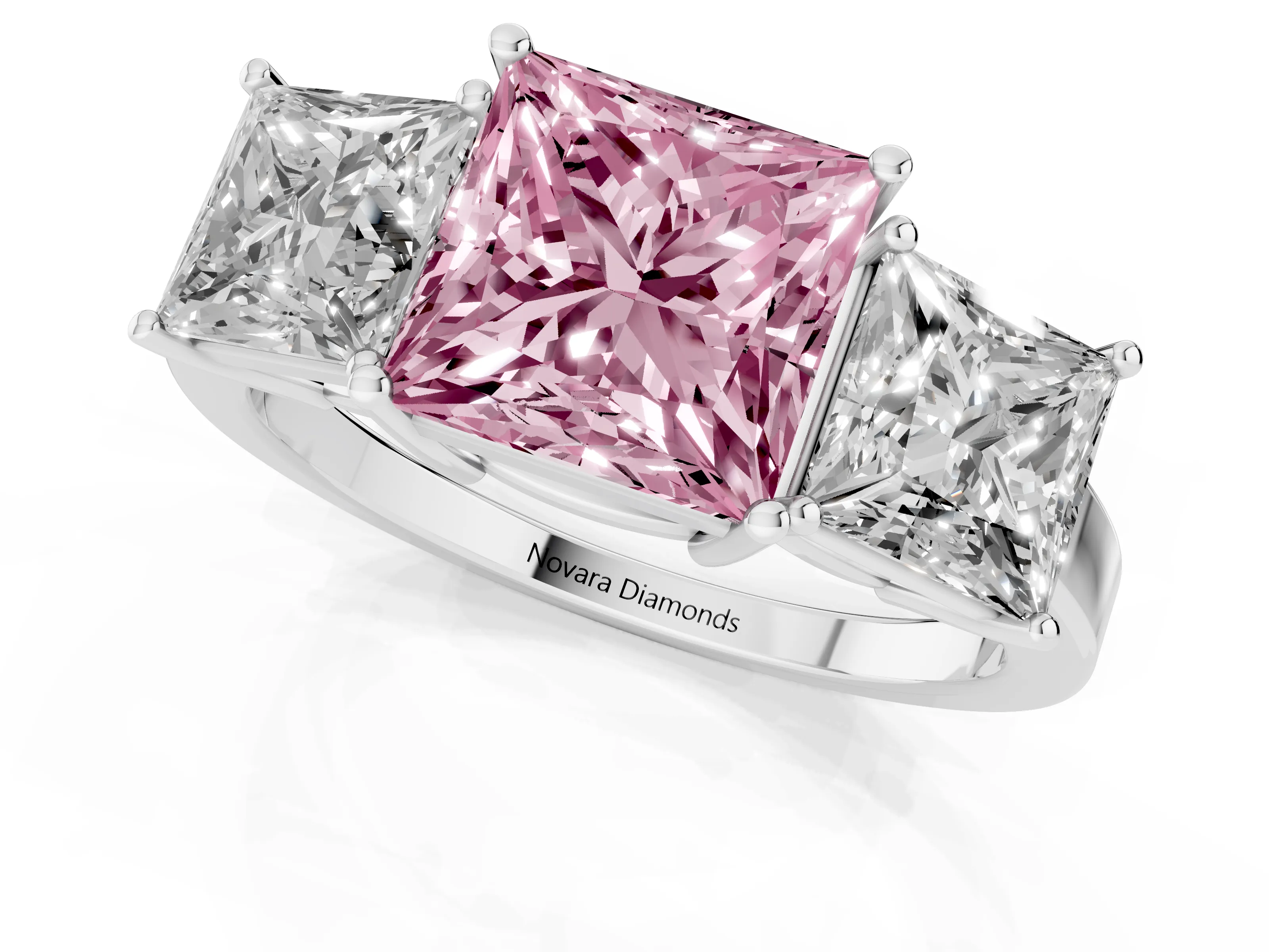 Fancy Pink Princess Cut Diamond Three-Stone Engagement Ring Set in Platinum with Flat Band