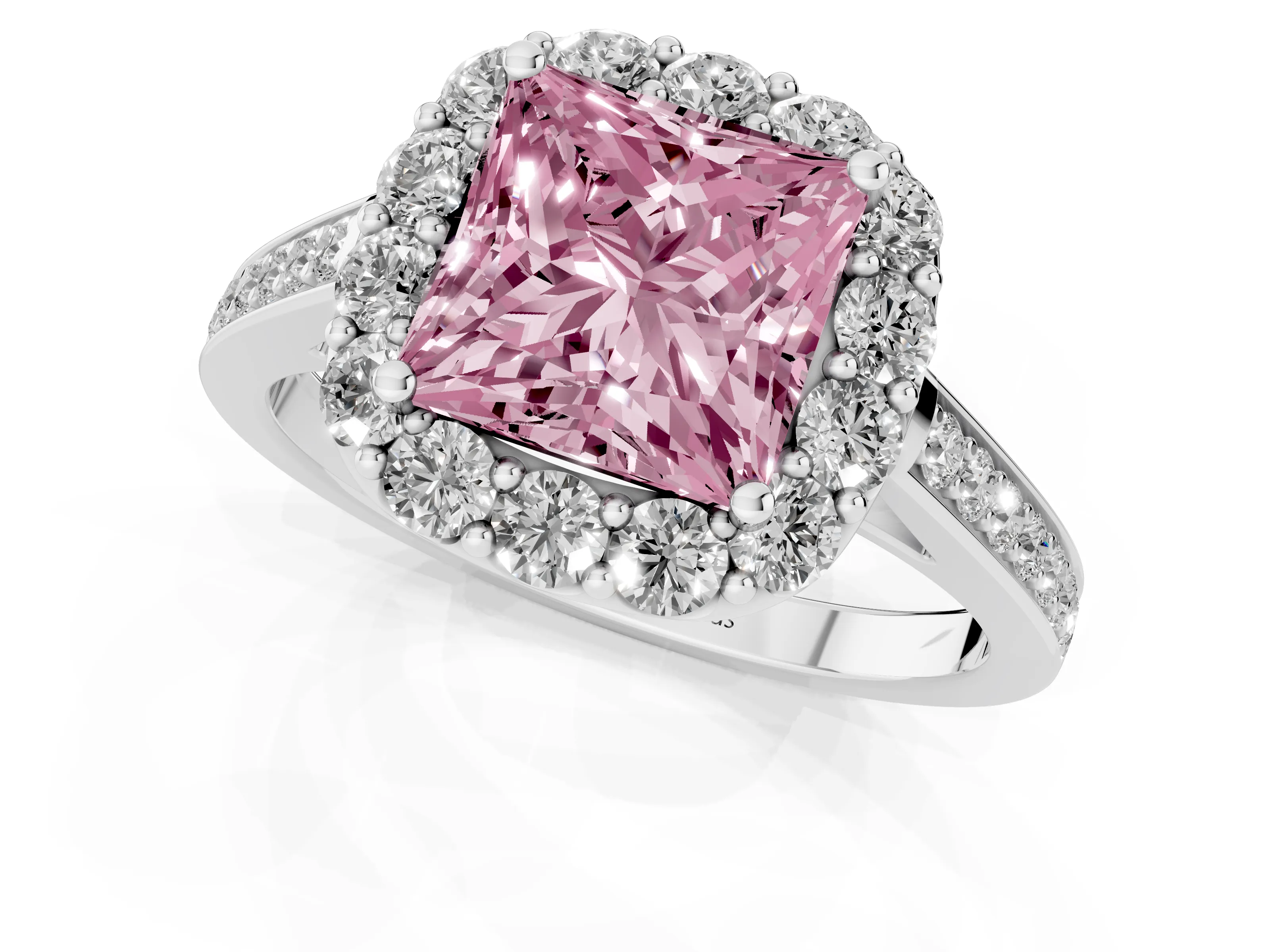 Fancy Pink Princess Cut Diamond Floral Halo Ring Set in White gold with Pavé Band and Prong Setting