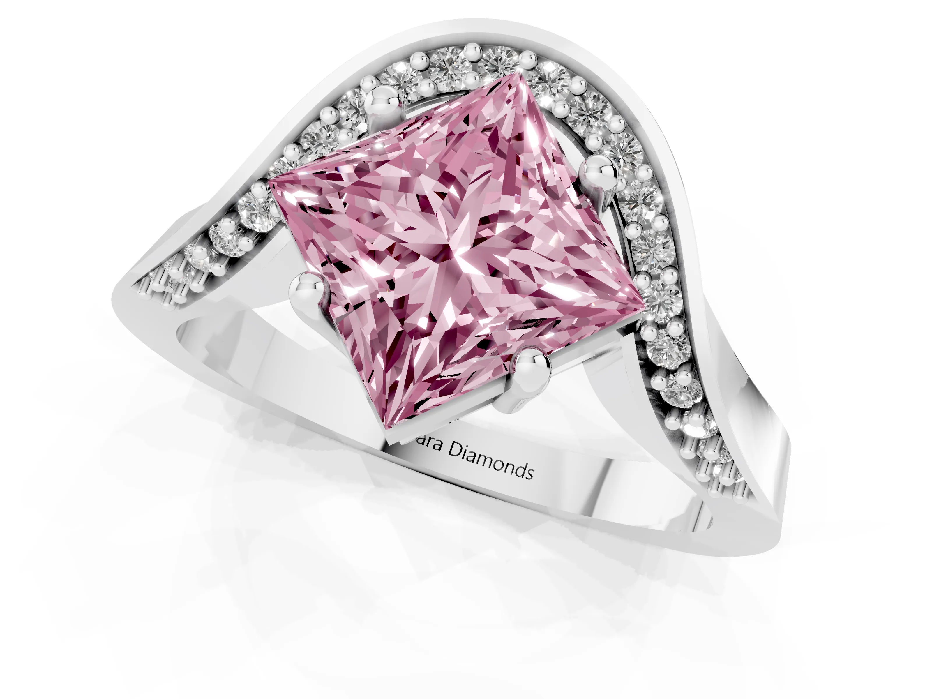 Fancy Pink Princess Cut Diamond Solitaire Engagement Ring Set in Silver with Pavé Shoulders