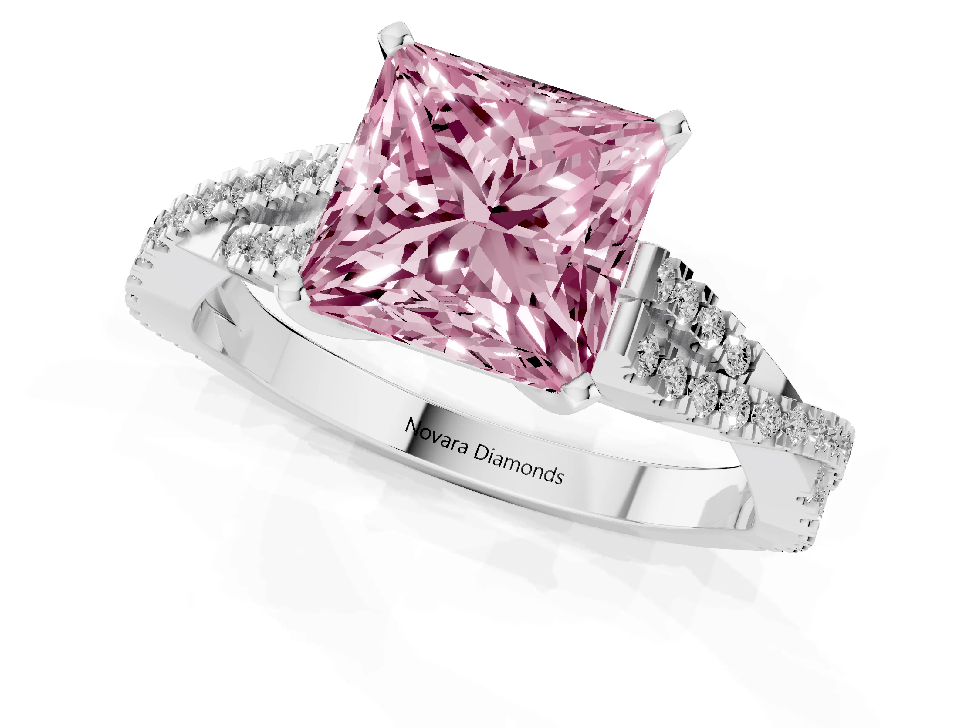 Fancy Pink Princess Cut Diamond Solitaire Engagement Ring Set in Platinum with Twisted Pavé Band and Prong Setting