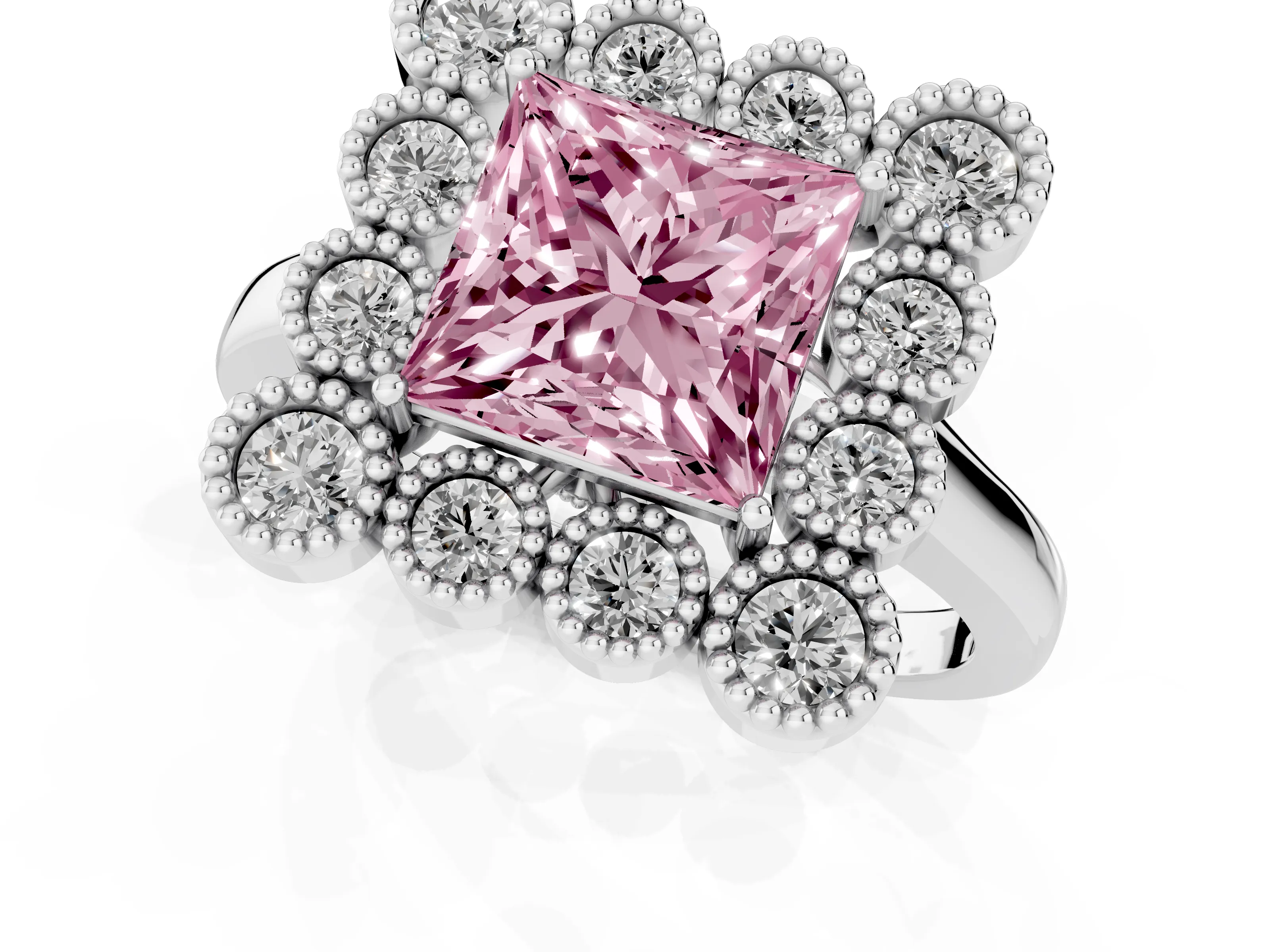 Fancy Pink Princess Cut Diamond Cluster Halo Ring Set in White gold with Milgrain Bezel Accents and Plain Band
