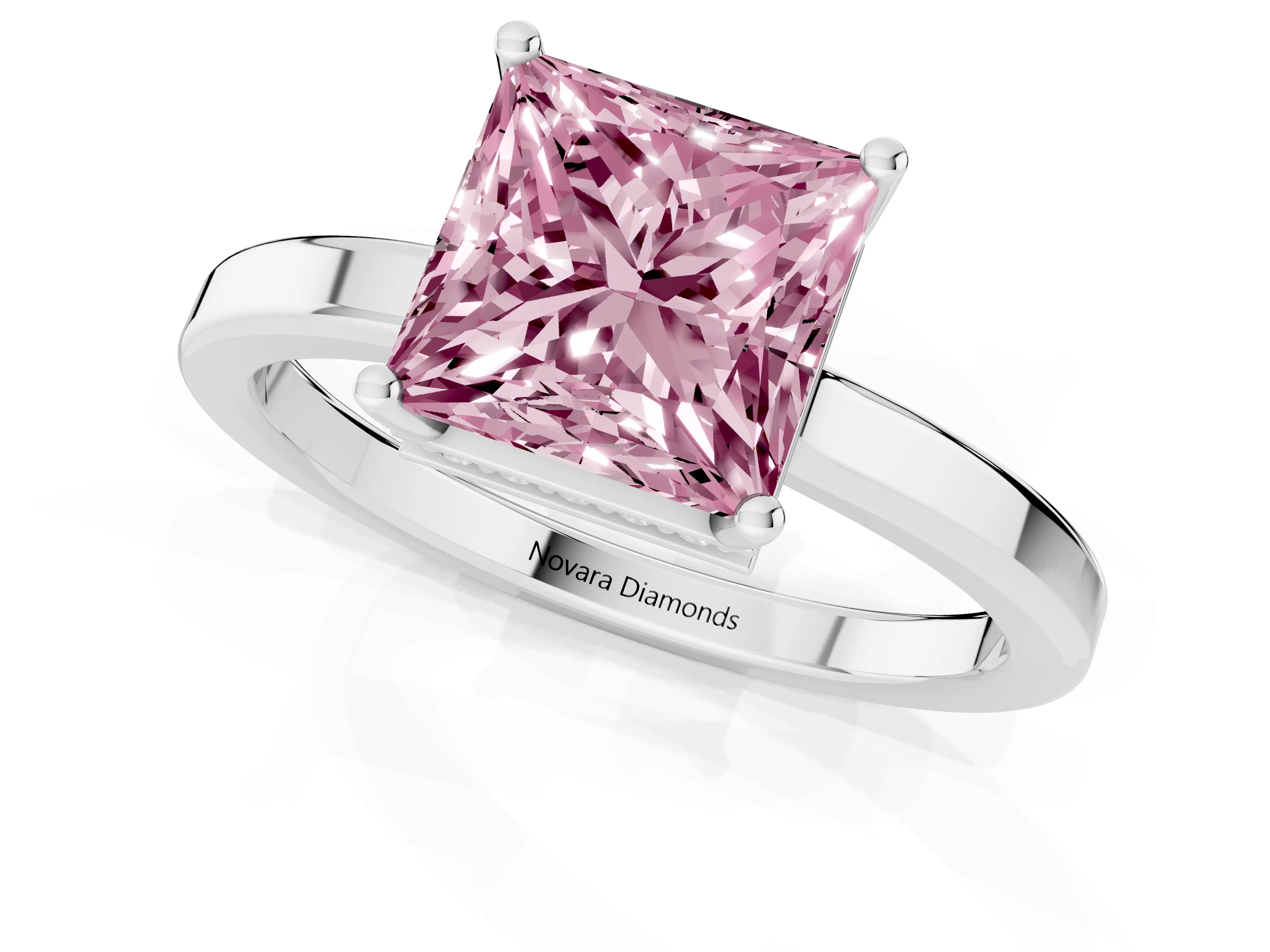 Fancy Pink Princess Cut Diamond Solitaire Engagement Ring Set in Silver with Prong Setting on a Plain Band