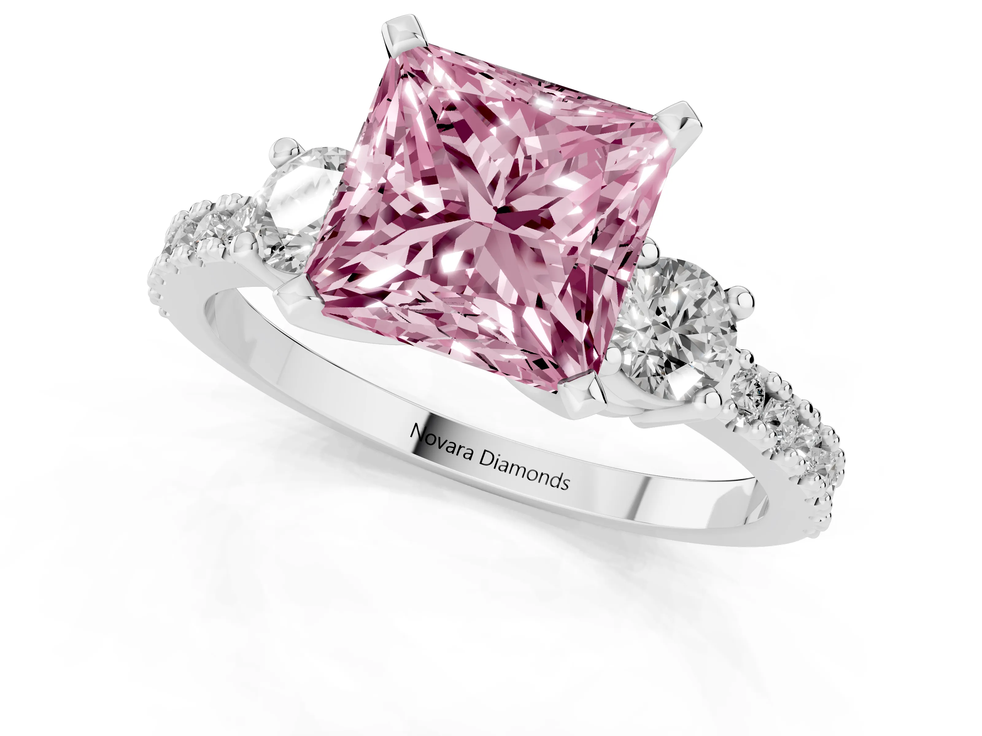 Fancy Pink Three-Stone Princess Cut Diamond Pavé Band Ring Set in Platinum with Prong Setting